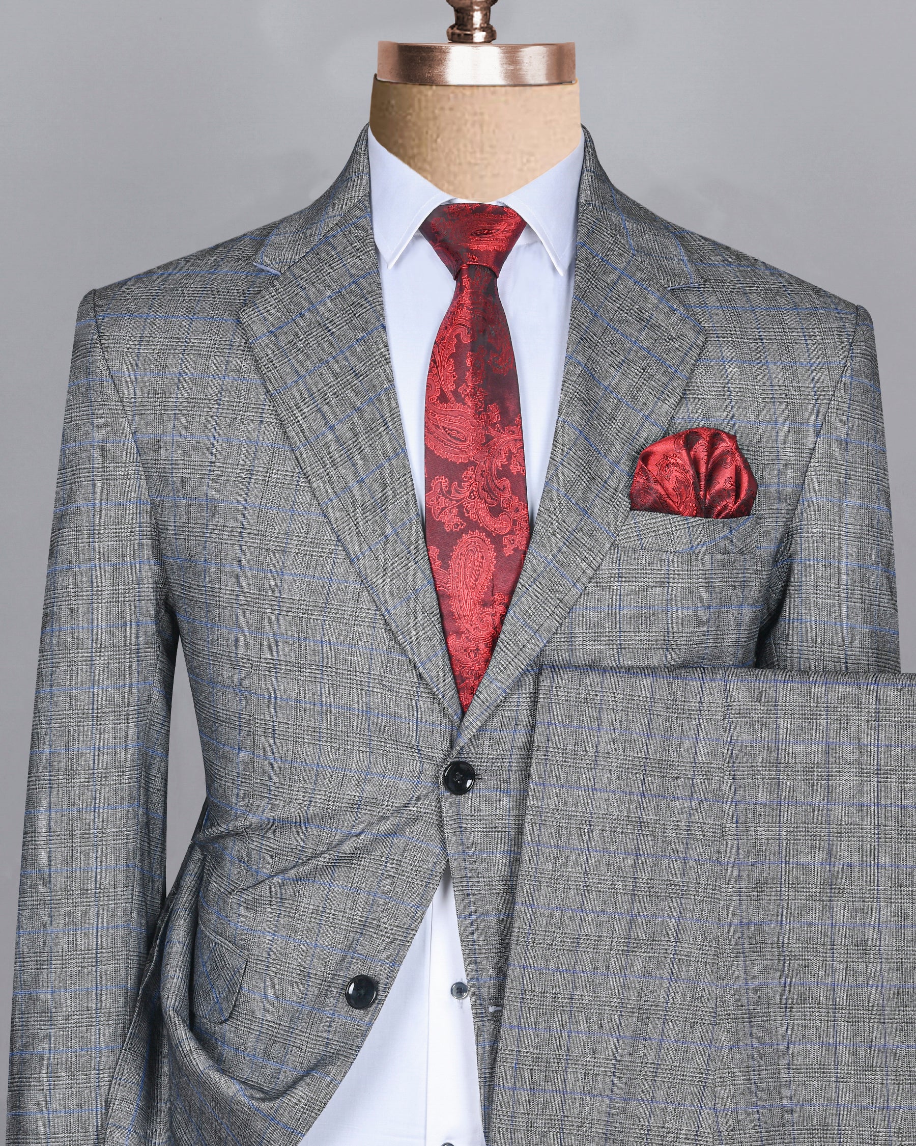 Pewter Grey Plaid and textured Premium Wool Suit