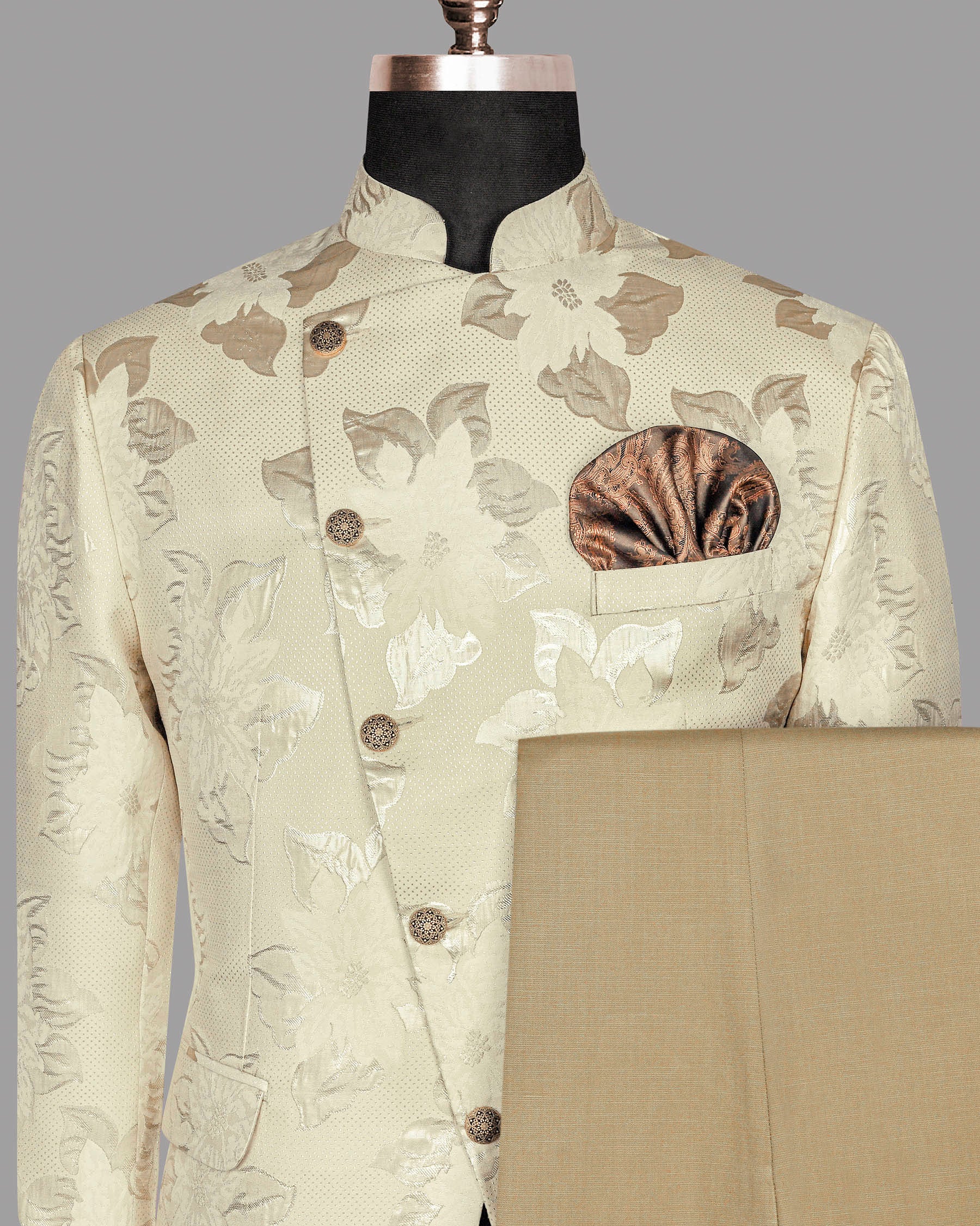 Cream Flowers and Leaves Jacquard Bandhgala/Mandarin Designer Suit