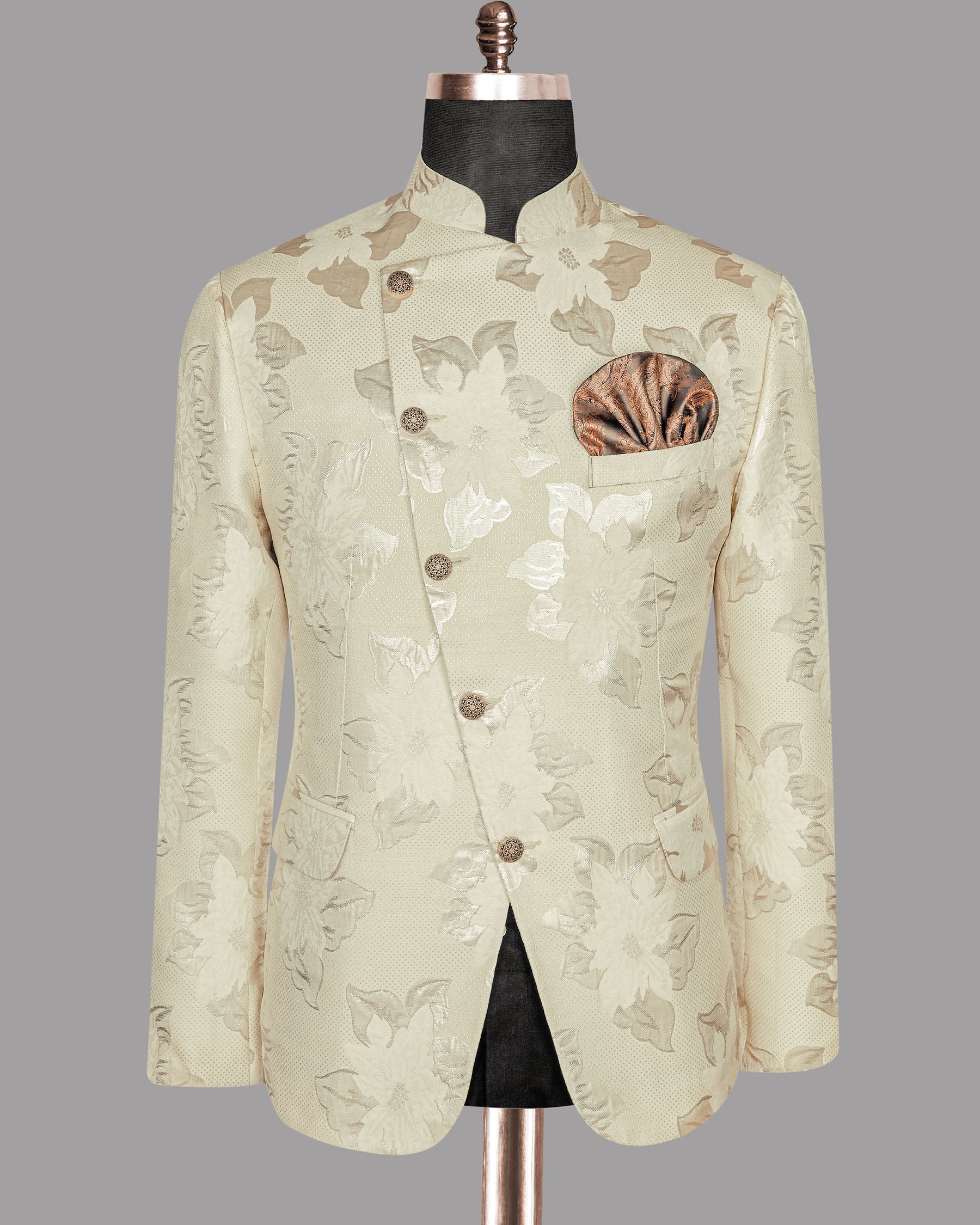 Cream Flowers and Leaves Jacquard Bandhgala/Mandarin Designer Suit