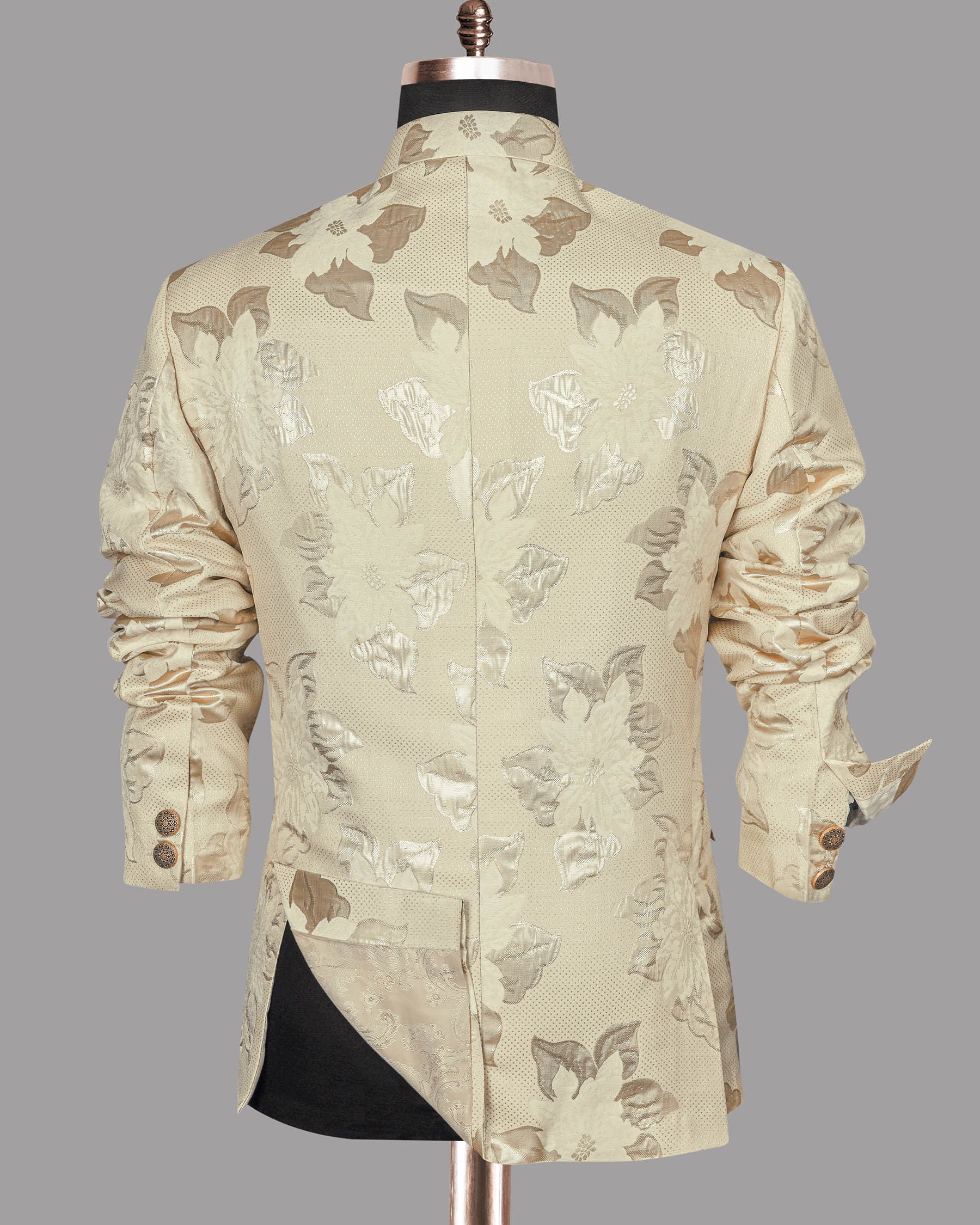 Cream Flowers and Leaves Jacquard Bandhgala/Mandarin Designer Suit