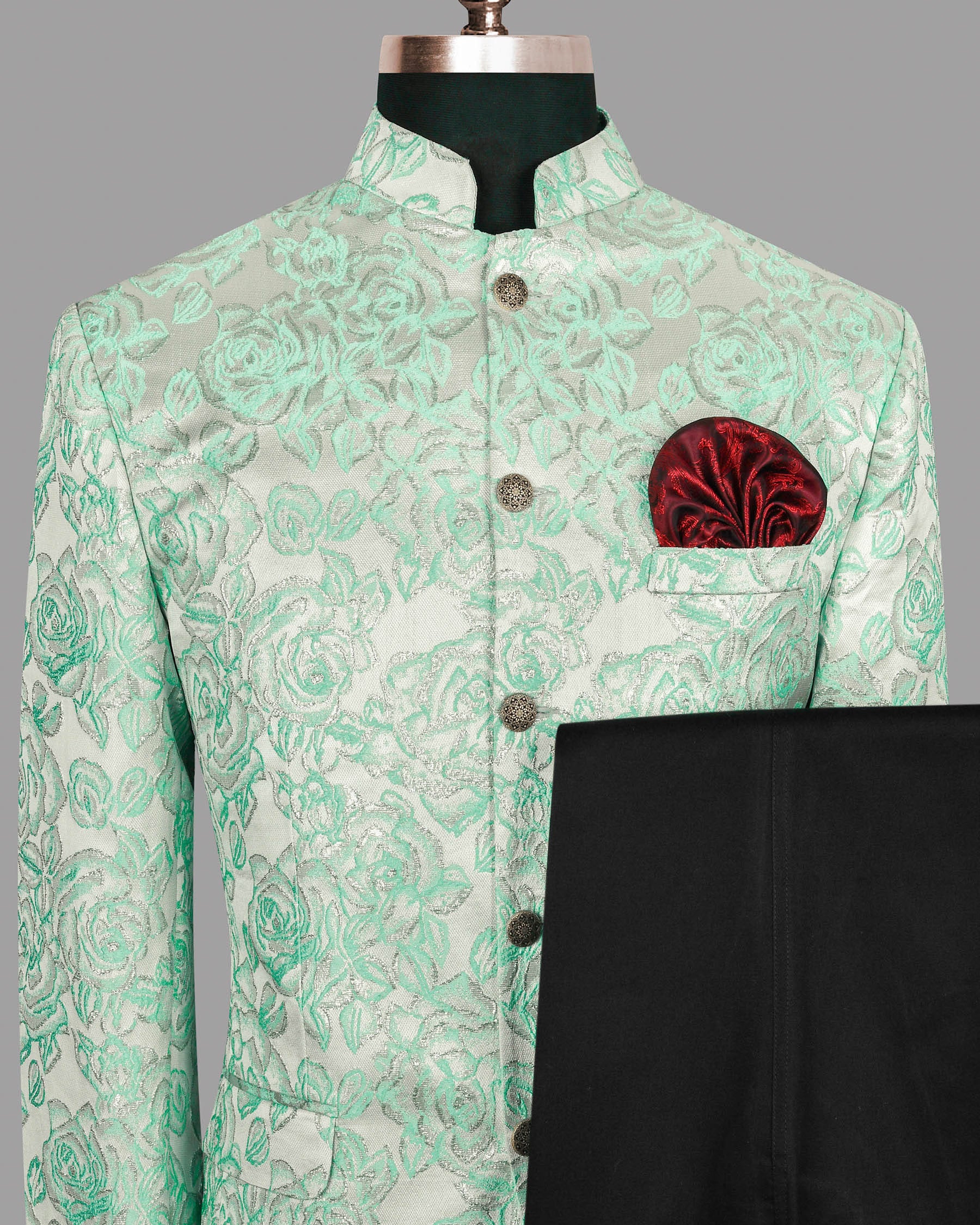 Mint with Silver Threading and Rose Jacquard Textured Bandhgala/Mandarin Designer Suit