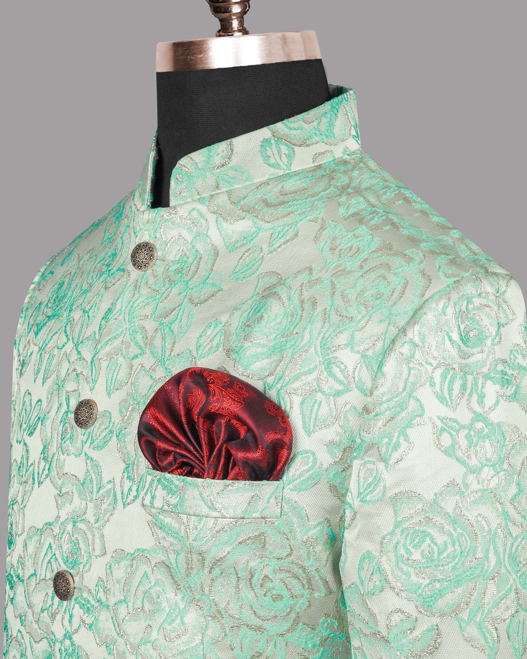 Mint with Silver Threading and Rose Jacquard Textured Bandhgala/Mandarin Designer Suit