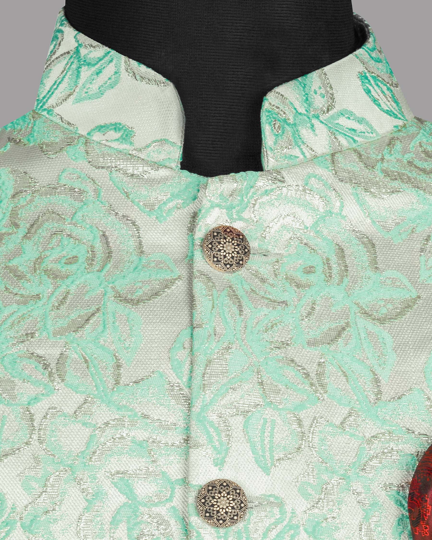 Mint with Silver Threading and Rose Jacquard Textured Bandhgala/Mandarin Designer Suit