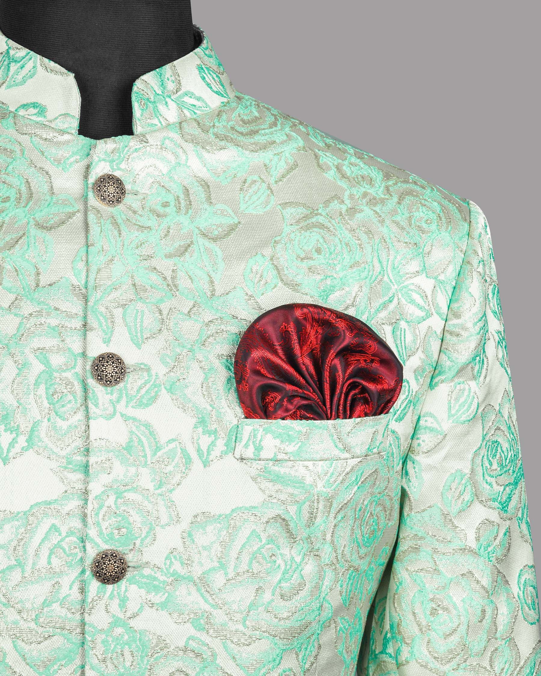 Mint with Silver Threading and Rose Jacquard Textured Bandhgala/Mandarin Designer Suit