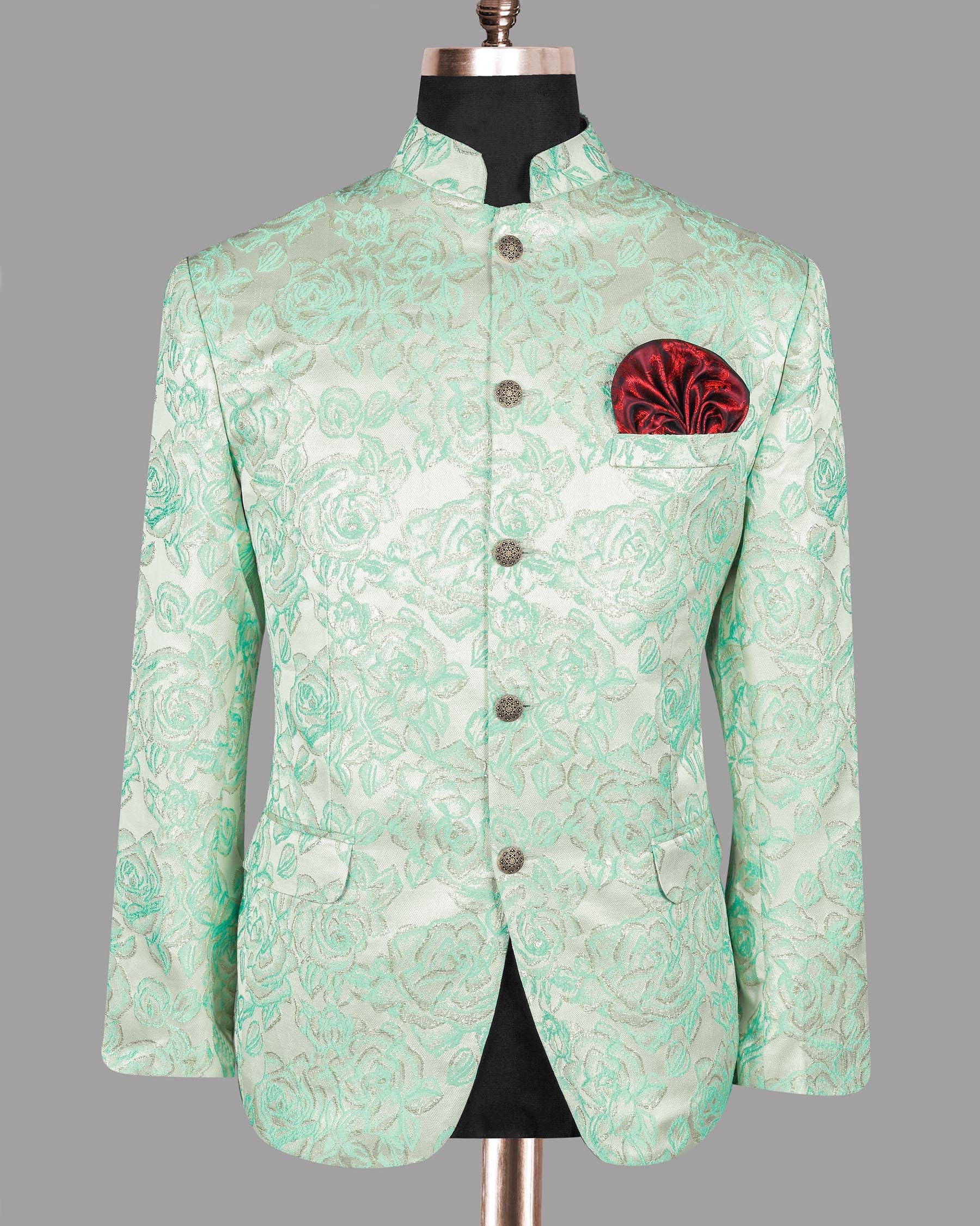 Mint with Silver Threading and Rose Jacquard Textured Bandhgala/Mandarin Designer Suit