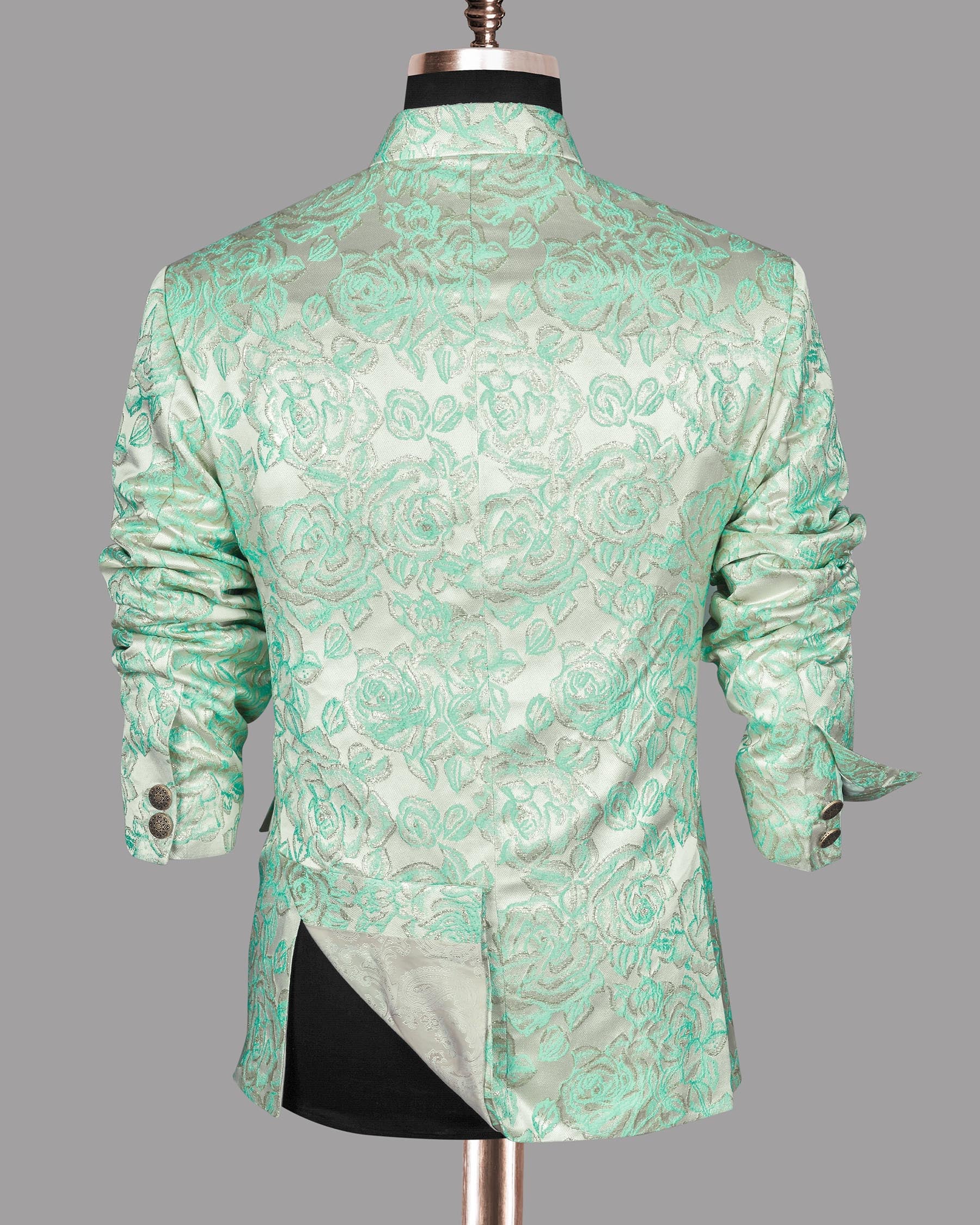 Mint with Silver Threading and Rose Jacquard Textured Bandhgala/Mandarin Designer Suit