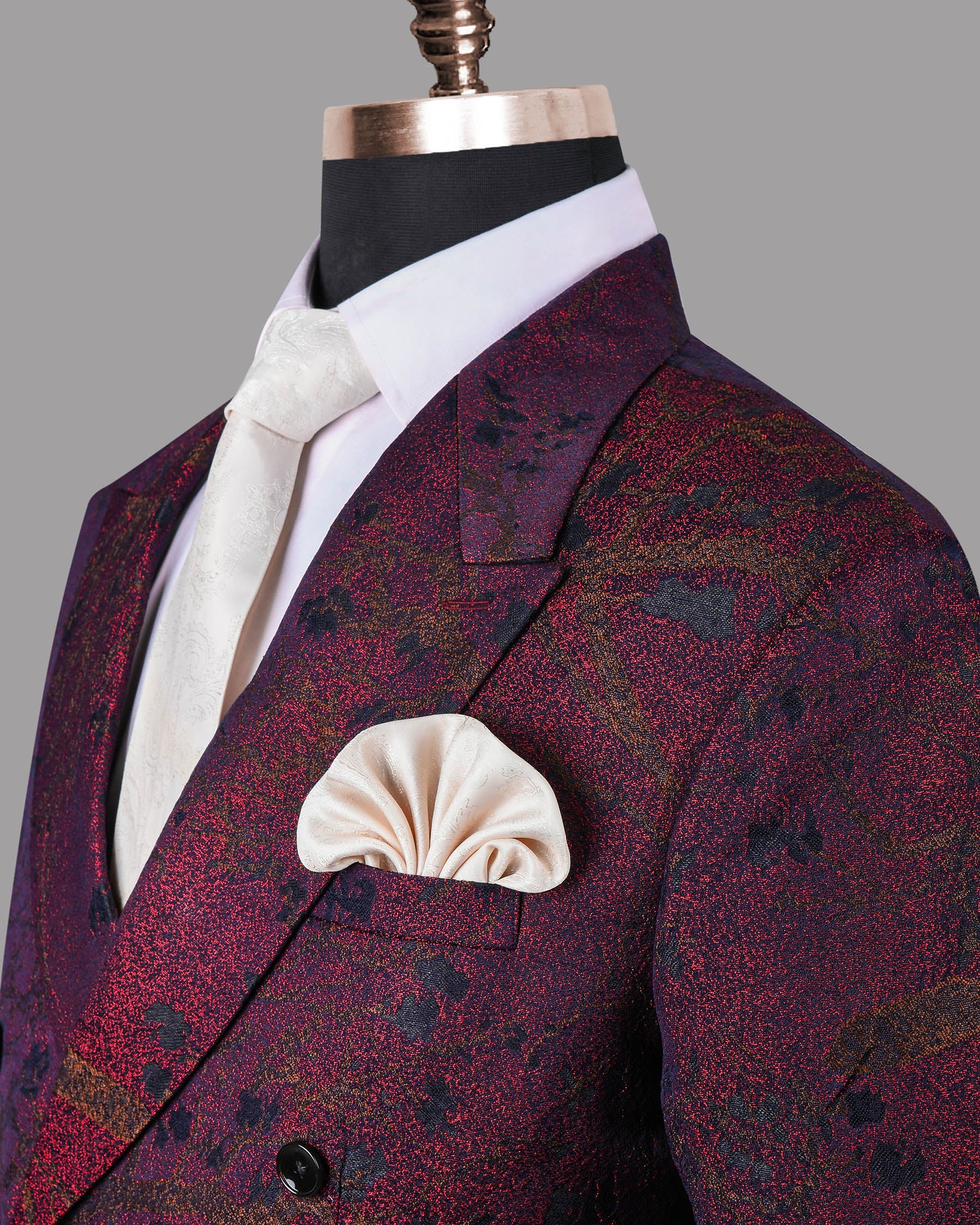 Maroon with Brown and Black Branches Jacquard Textured Designer Double Breasted Suit