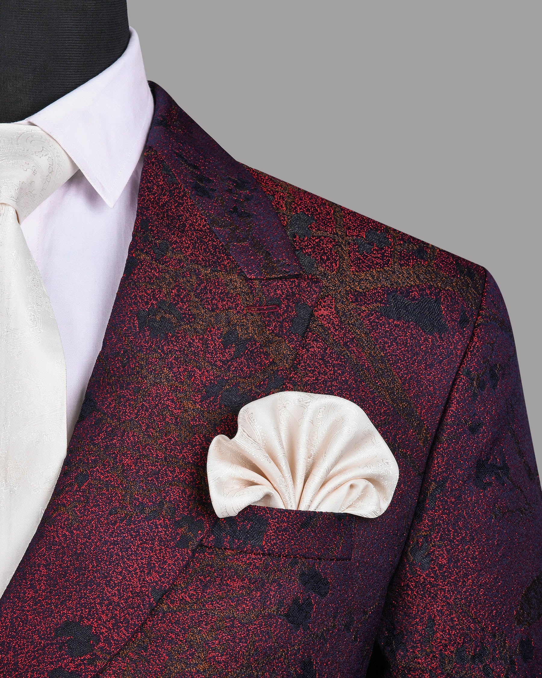 Maroon with Brown and Black Branches Jacquard Textured Designer Double Breasted Suit