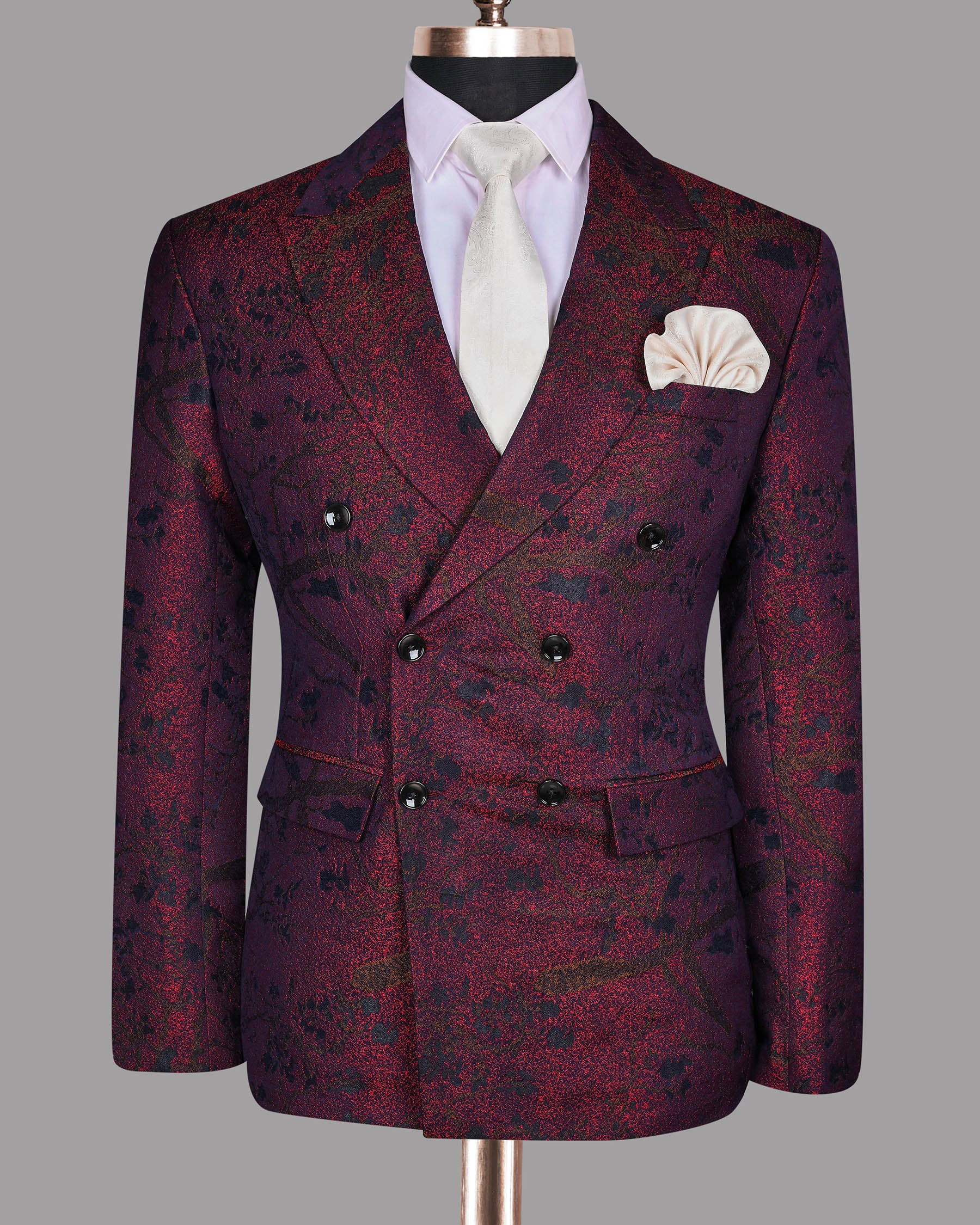 Maroon with Brown and Black Branches Jacquard Textured Designer Double Breasted Suit