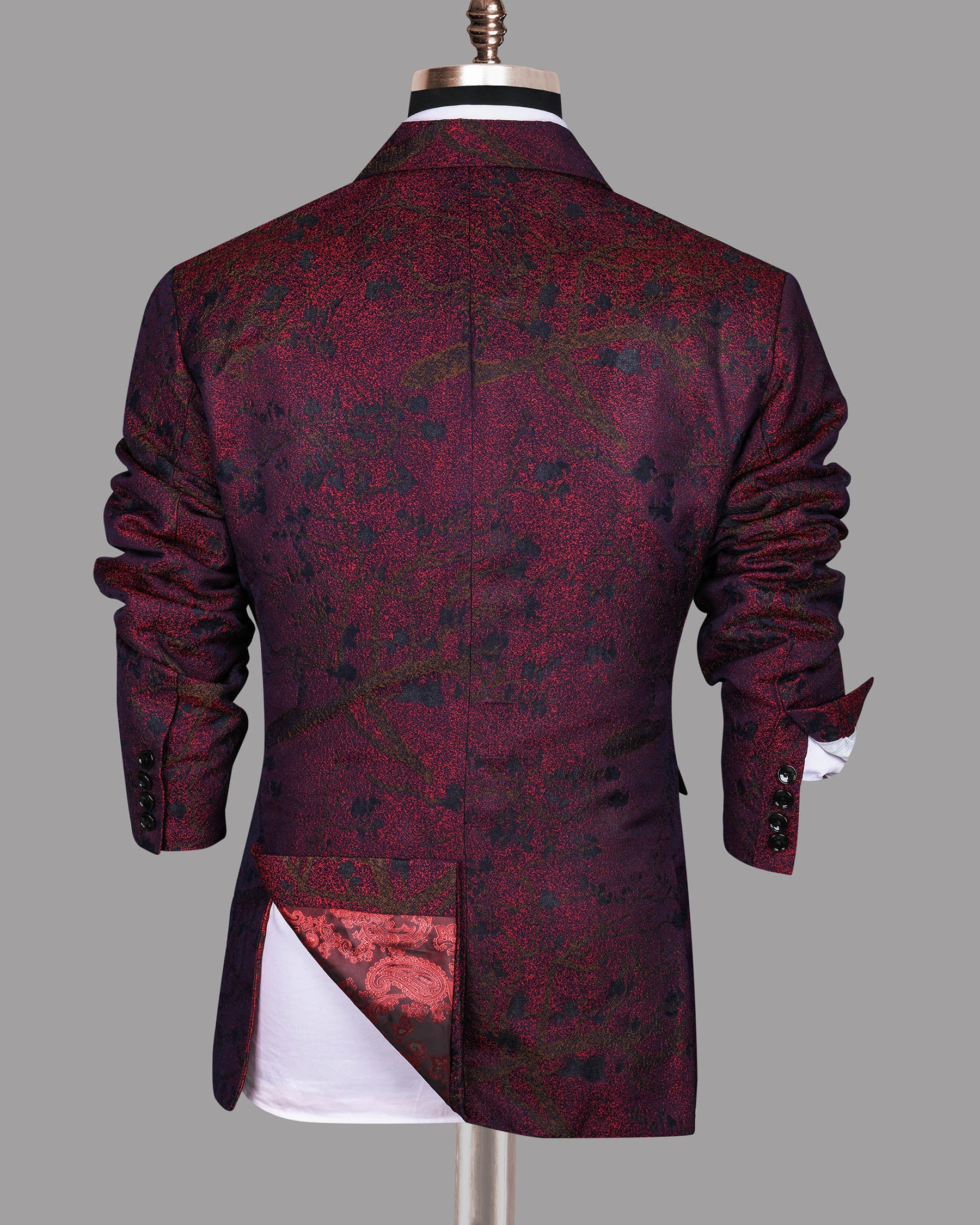 Maroon with Brown and Black Branches Jacquard Textured Designer Double Breasted Suit