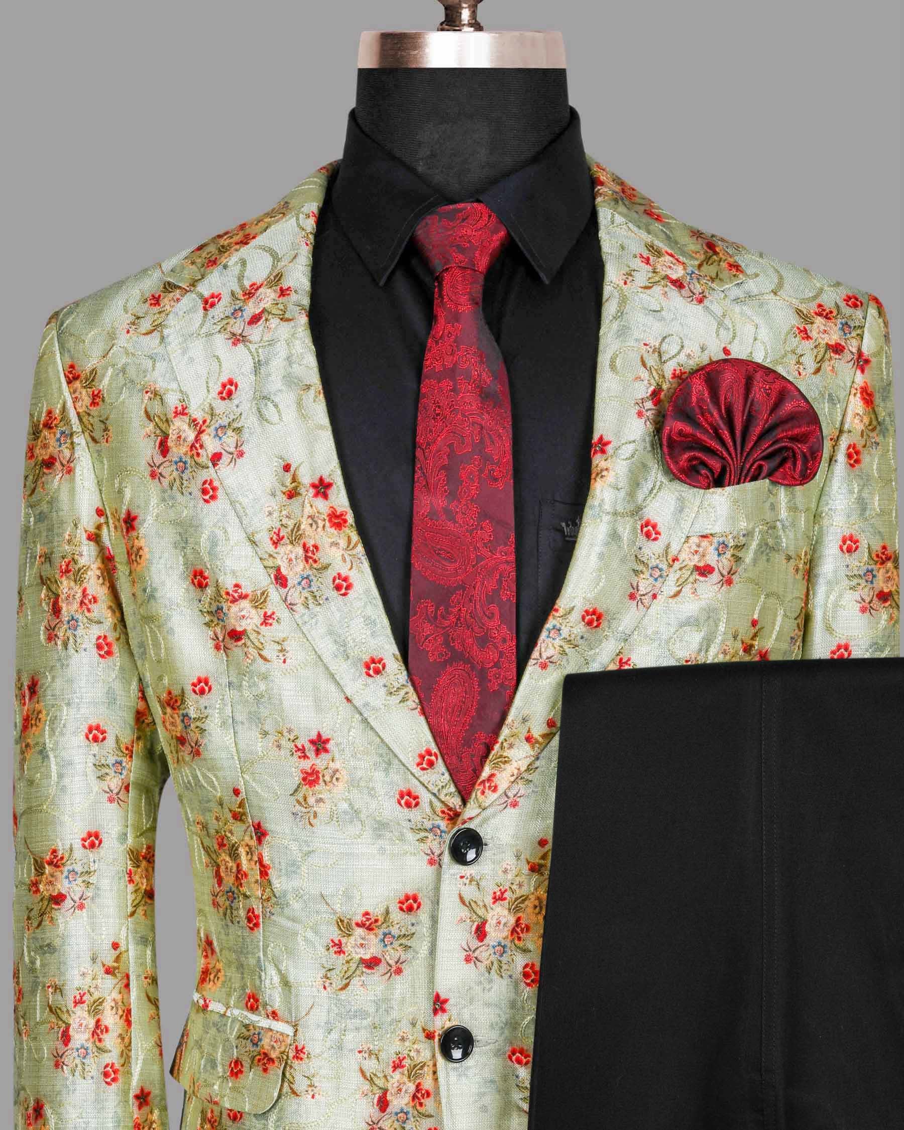 Mint with Tonal Embroidered and Red Flowers Printed Premium Designer Suit