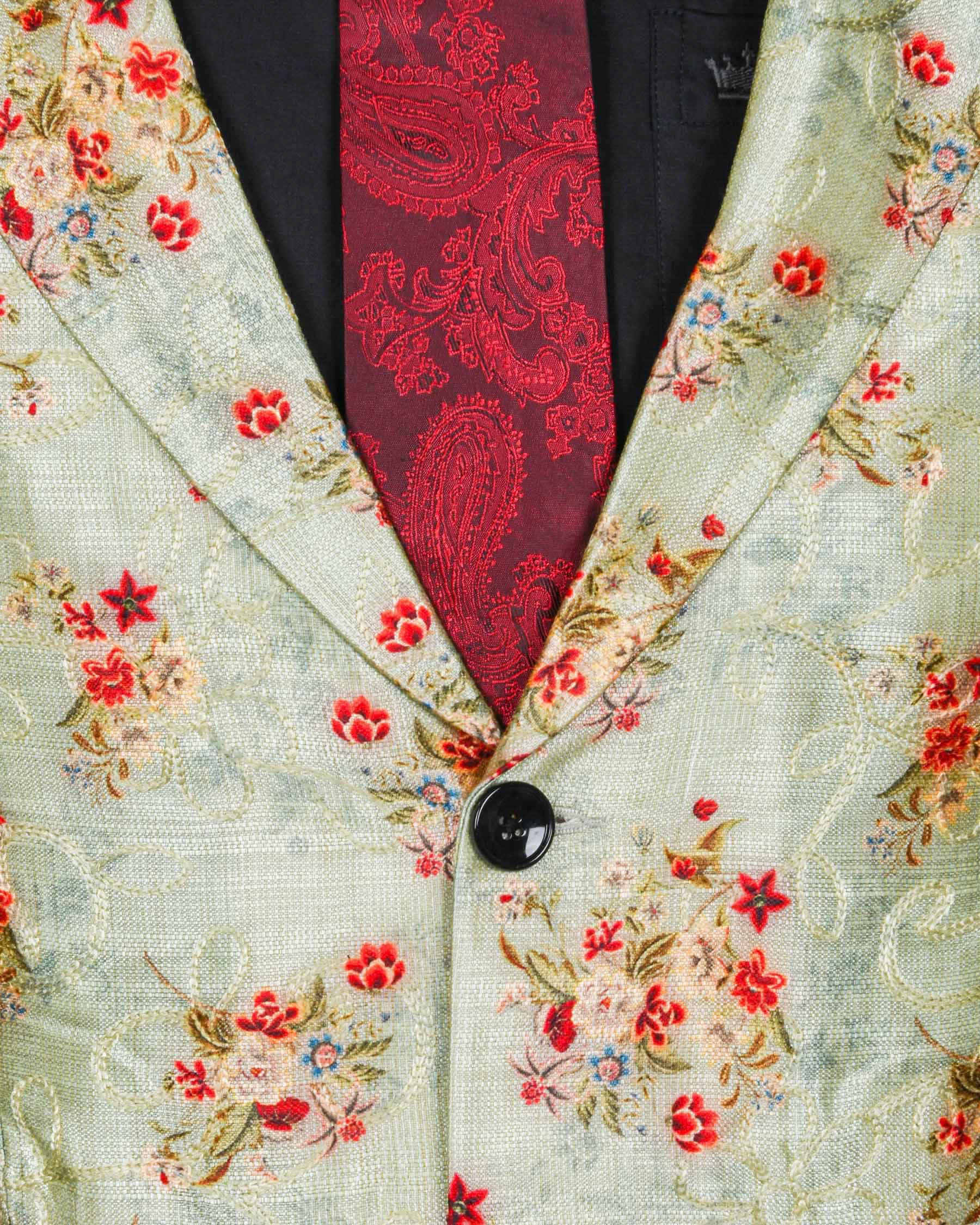 Mint with Tonal Embroidered and Red Flowers Printed Premium Designer Suit