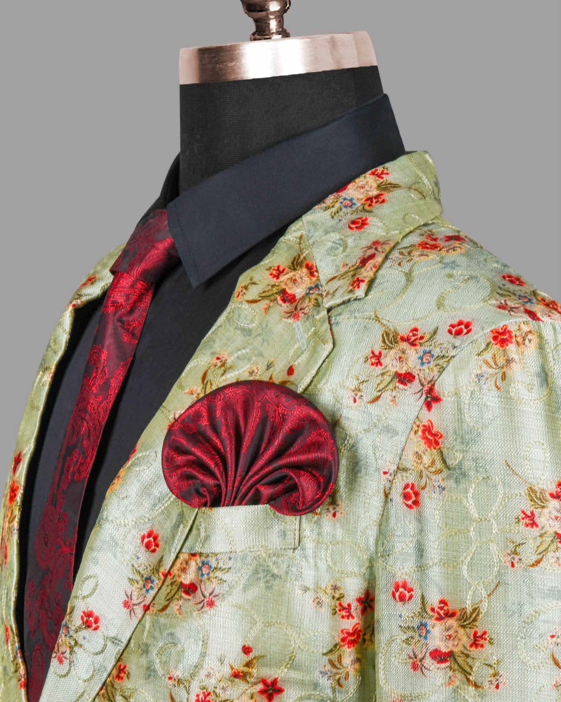 Mint with Tonal Embroidered and Red Flowers Printed Premium Designer Suit