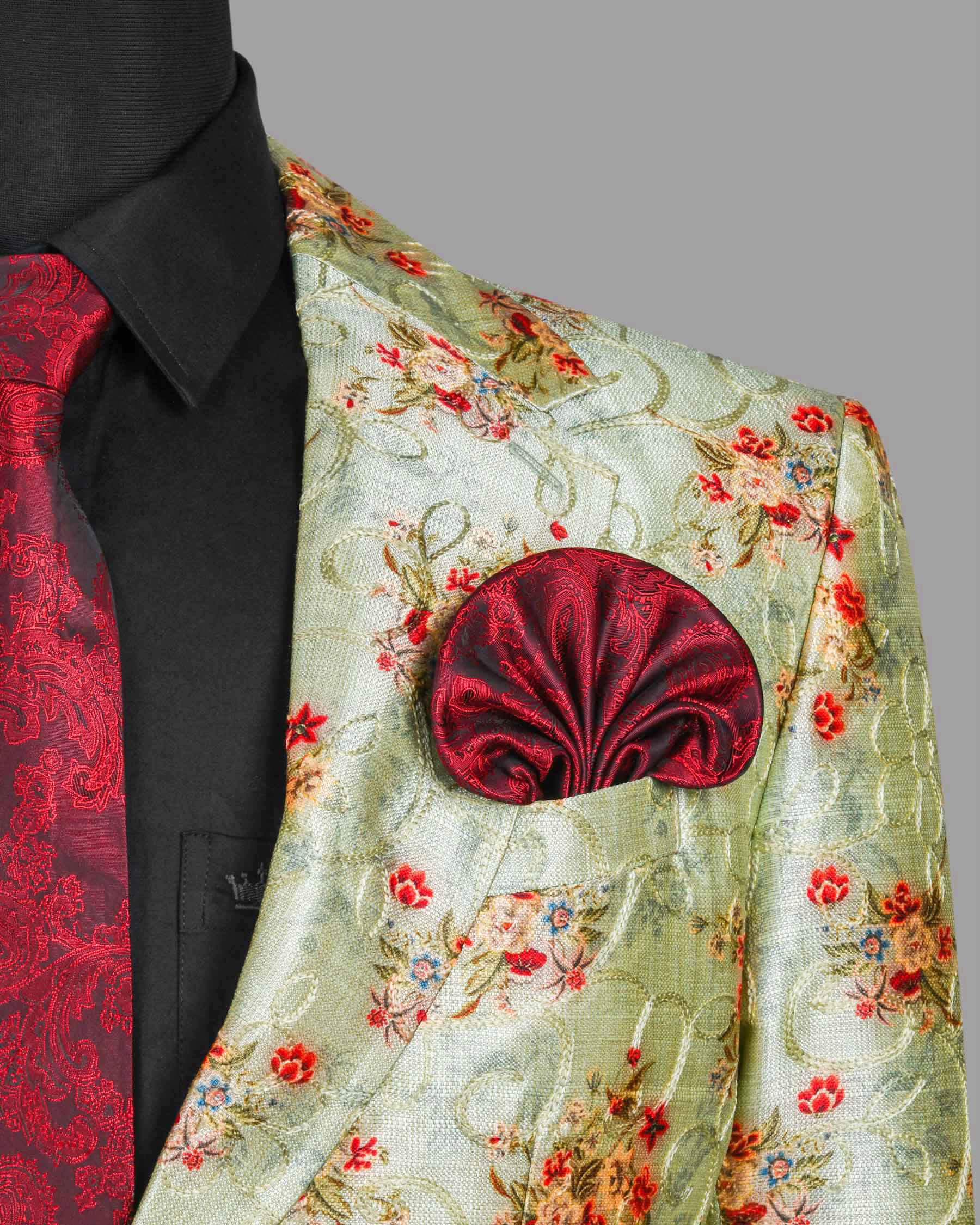 Mint with Tonal Embroidered and Red Flowers Printed Premium Designer Suit