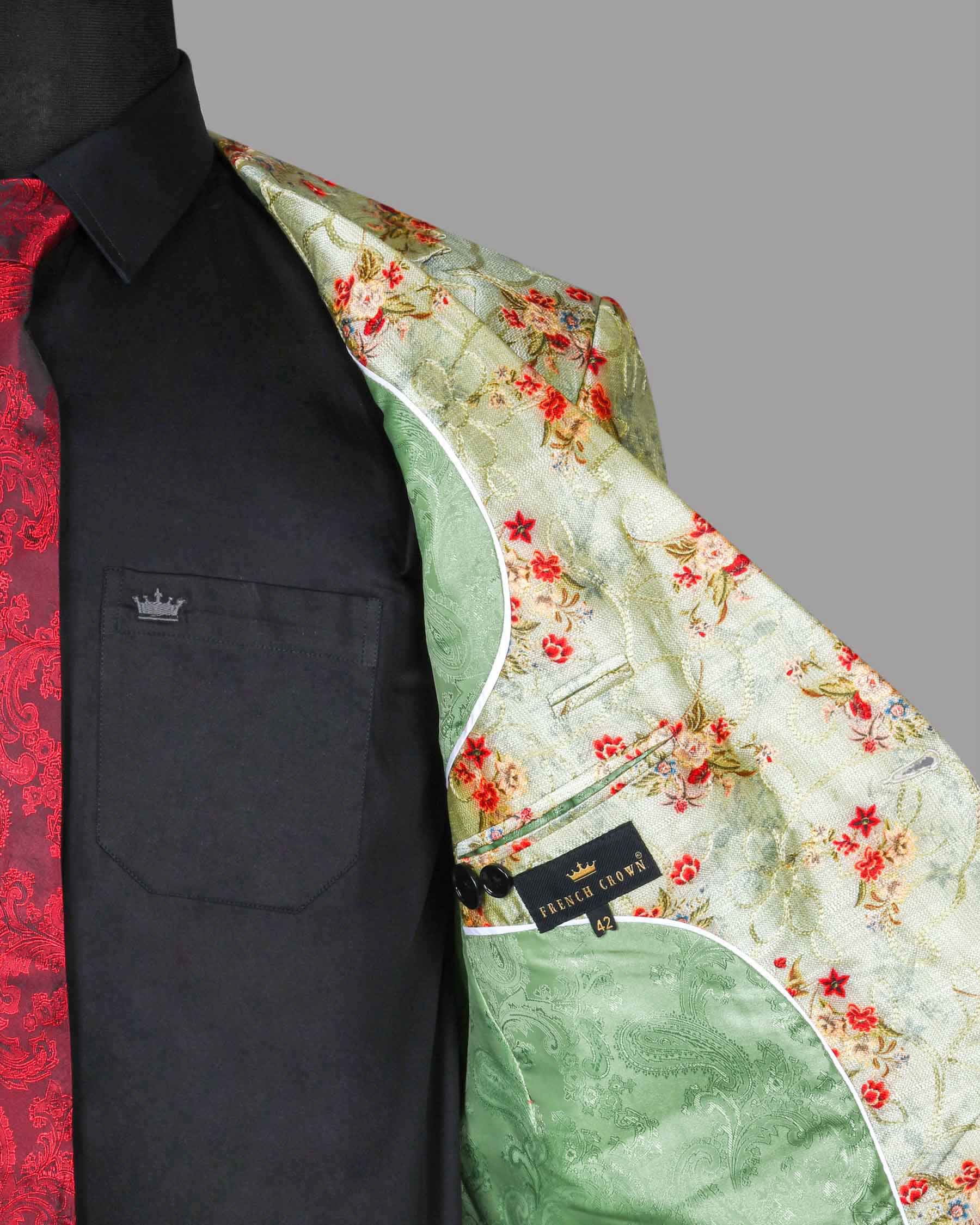 Mint with Tonal Embroidered and Red Flowers Printed Premium Designer Suit