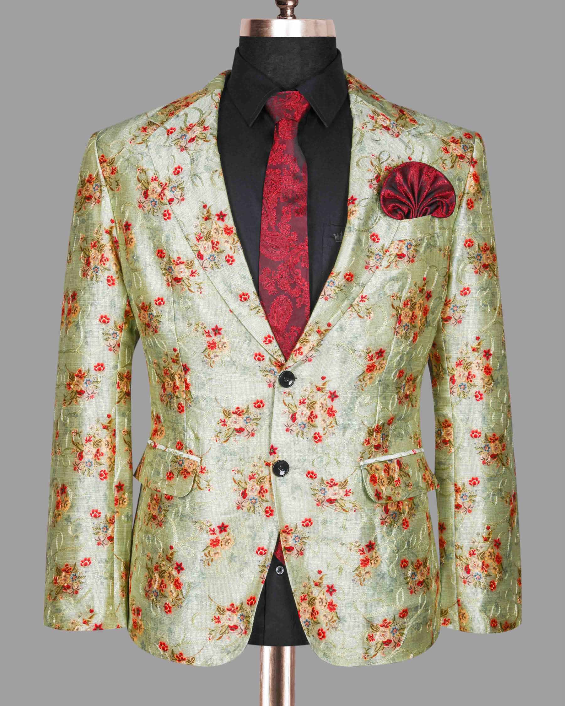 Mint with Tonal Embroidered and Red Flowers Printed Premium Designer Suit