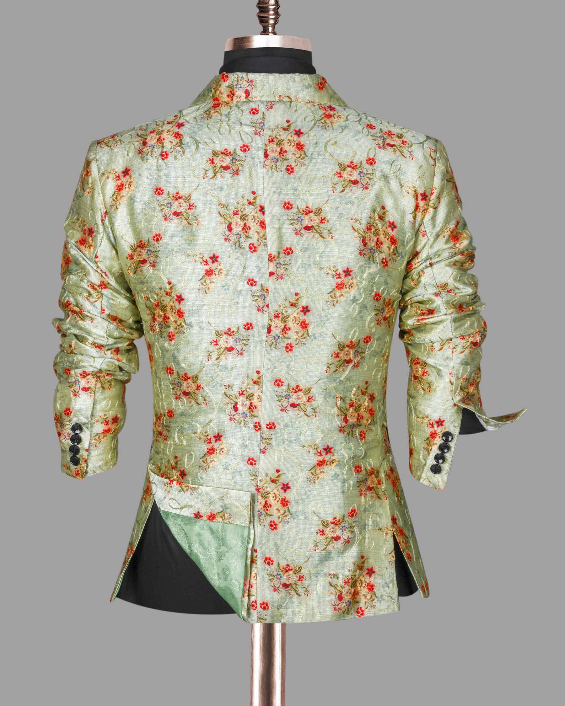 Mint with Tonal Embroidered and Red Flowers Printed Premium Designer Suit