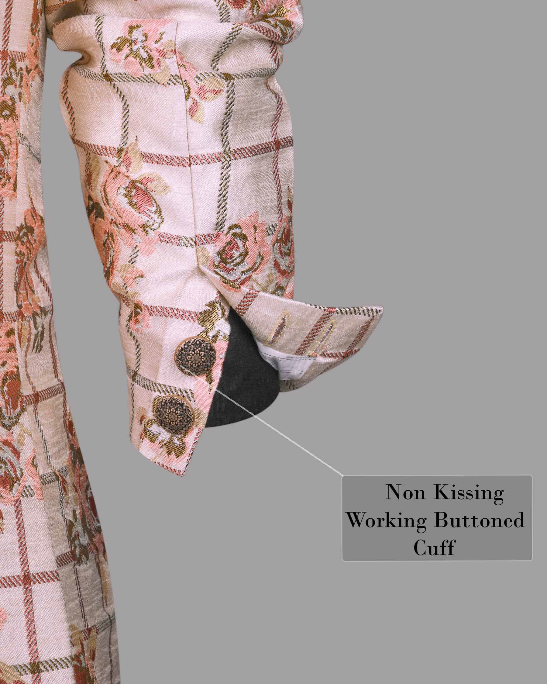 Beige with Pink Flowers and windowpane Jacquard Bandhgala/Mandarin Designer Suit