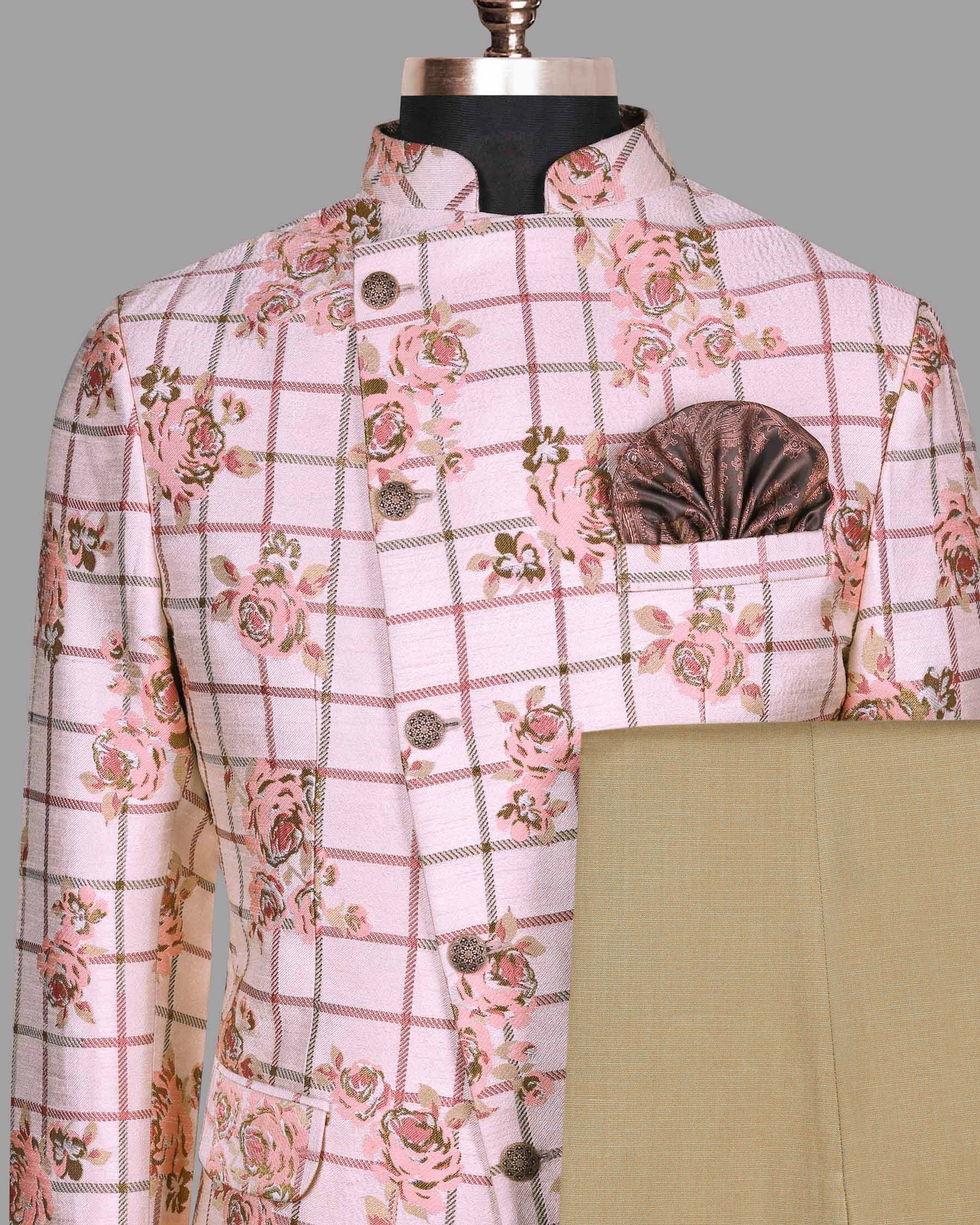 Beige with Pink Flowers and windowpane Jacquard Bandhgala/Mandarin Designer Suit