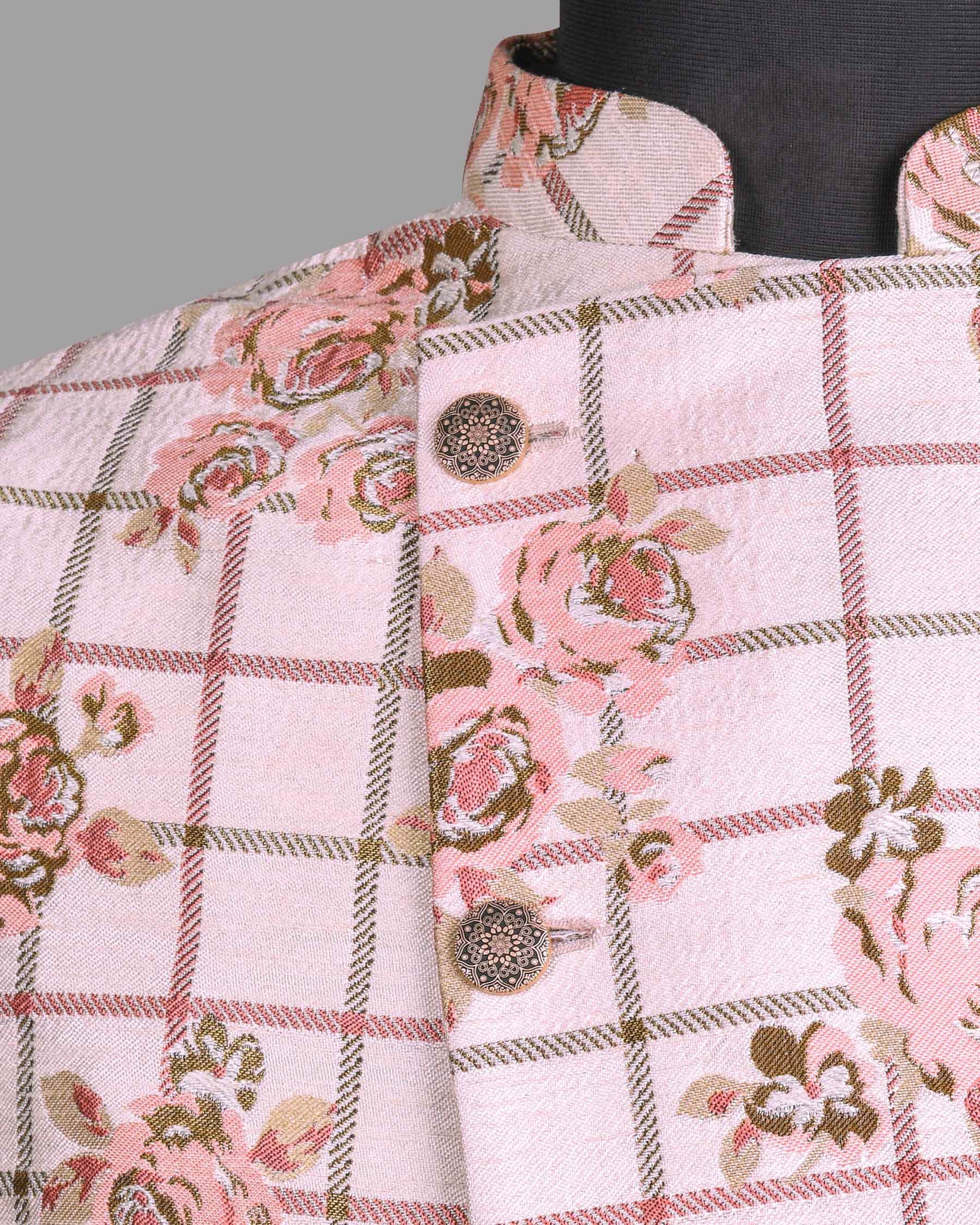 Beige with Pink Flowers and windowpane Jacquard Bandhgala/Mandarin Designer Suit