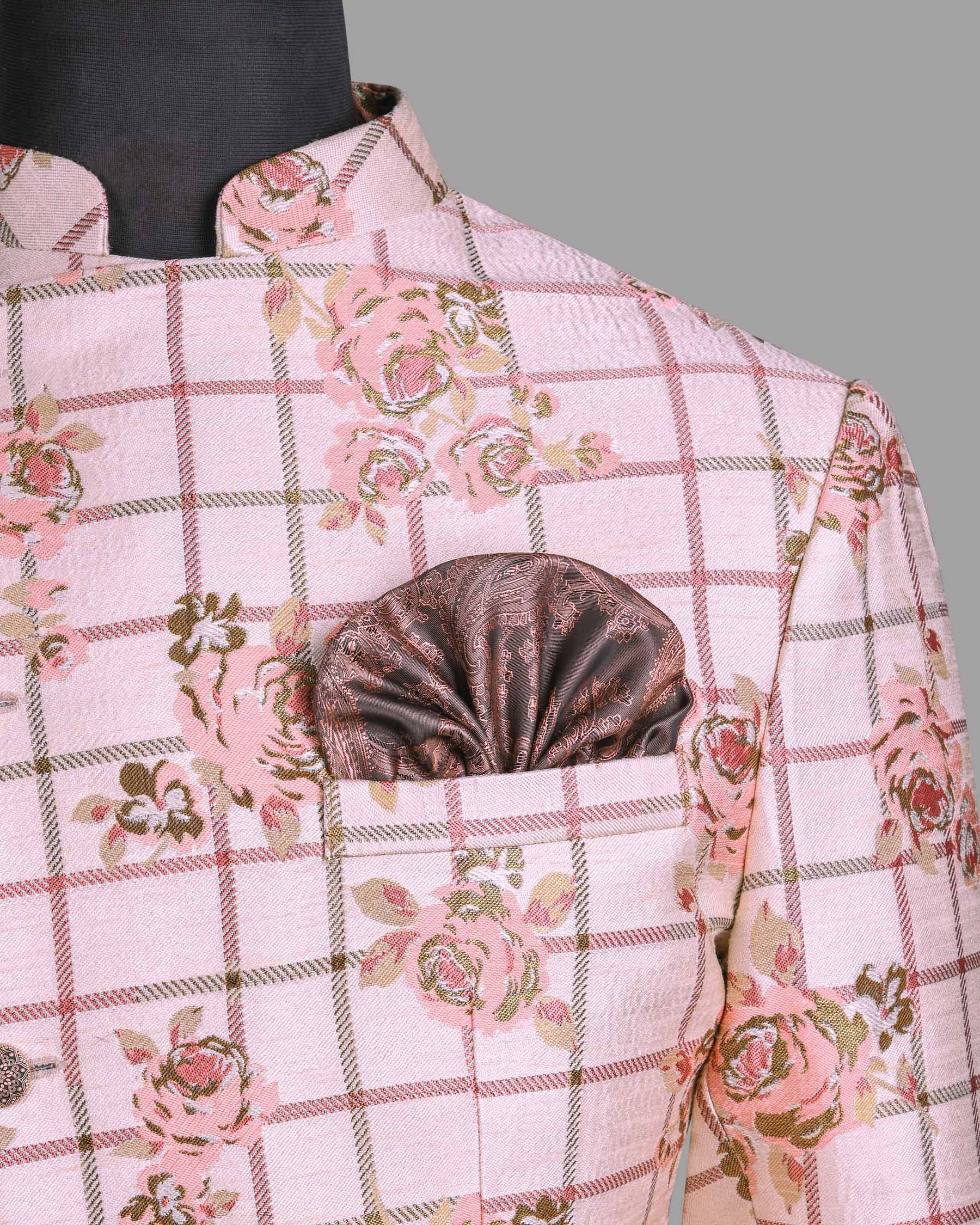 Beige with Pink Flowers and windowpane Jacquard Bandhgala/Mandarin Designer Suit