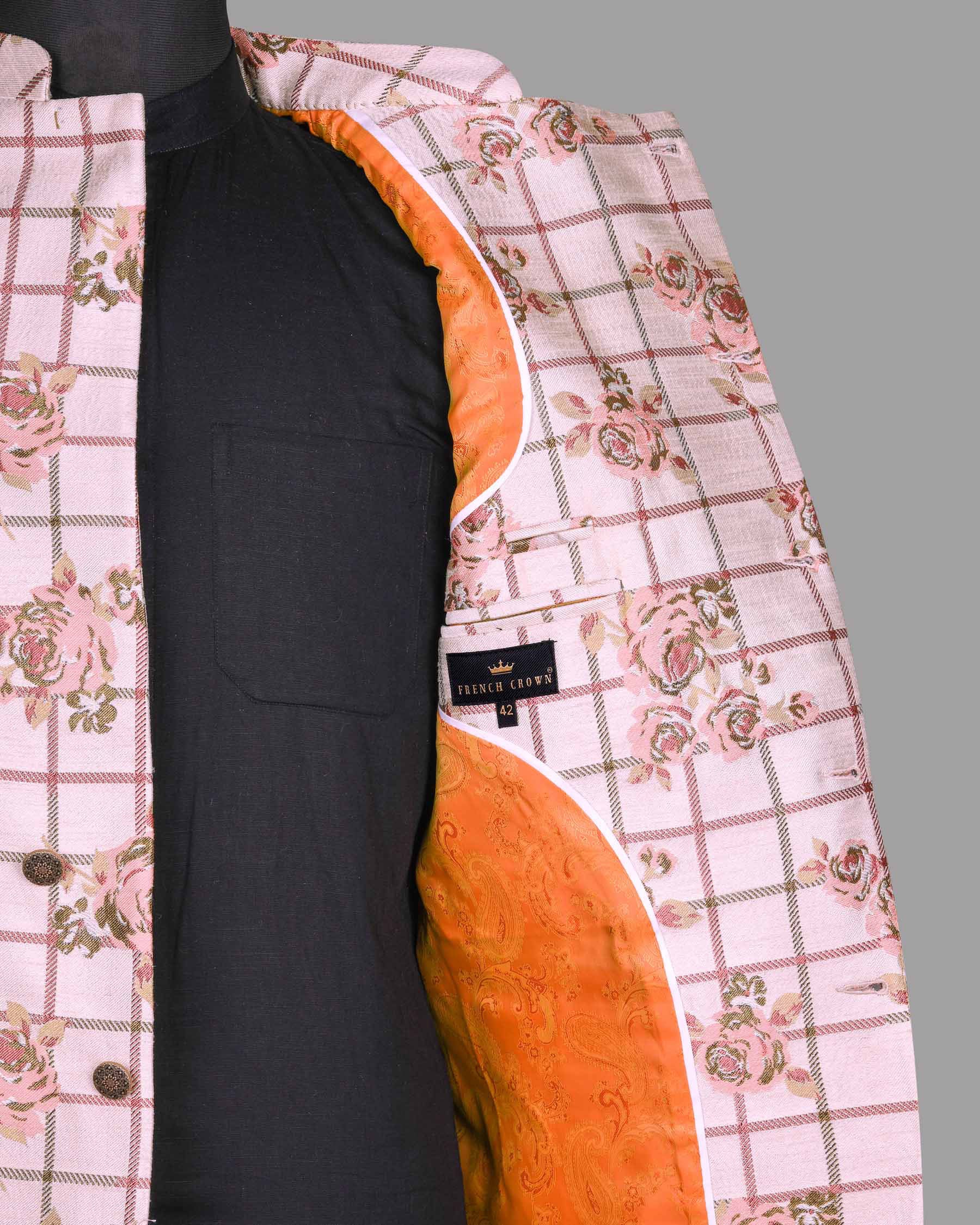 Beige with Pink Flowers and windowpane Jacquard Bandhgala/Mandarin Designer Suit