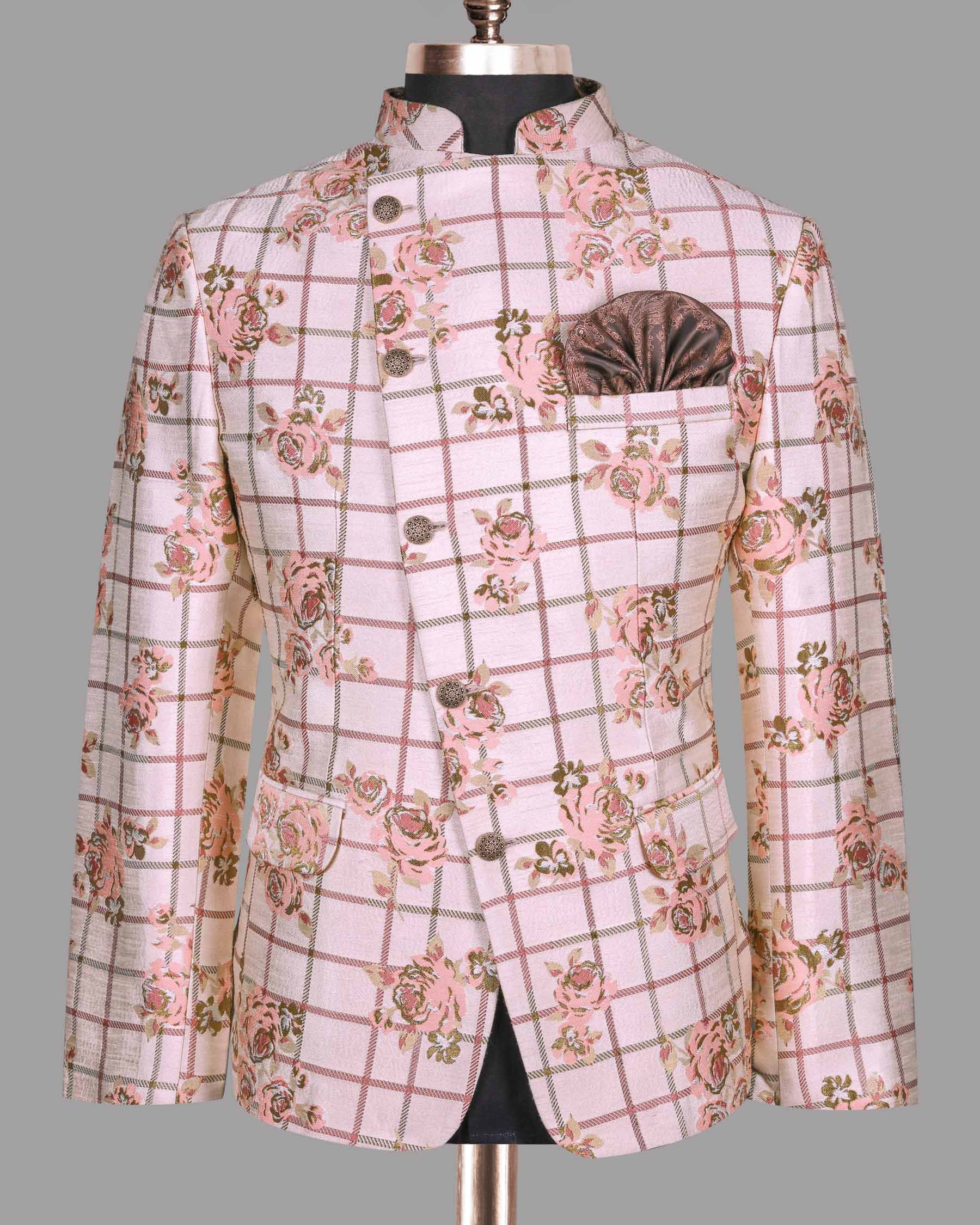 Beige with Pink Flowers and windowpane Jacquard Bandhgala/Mandarin Designer Suit