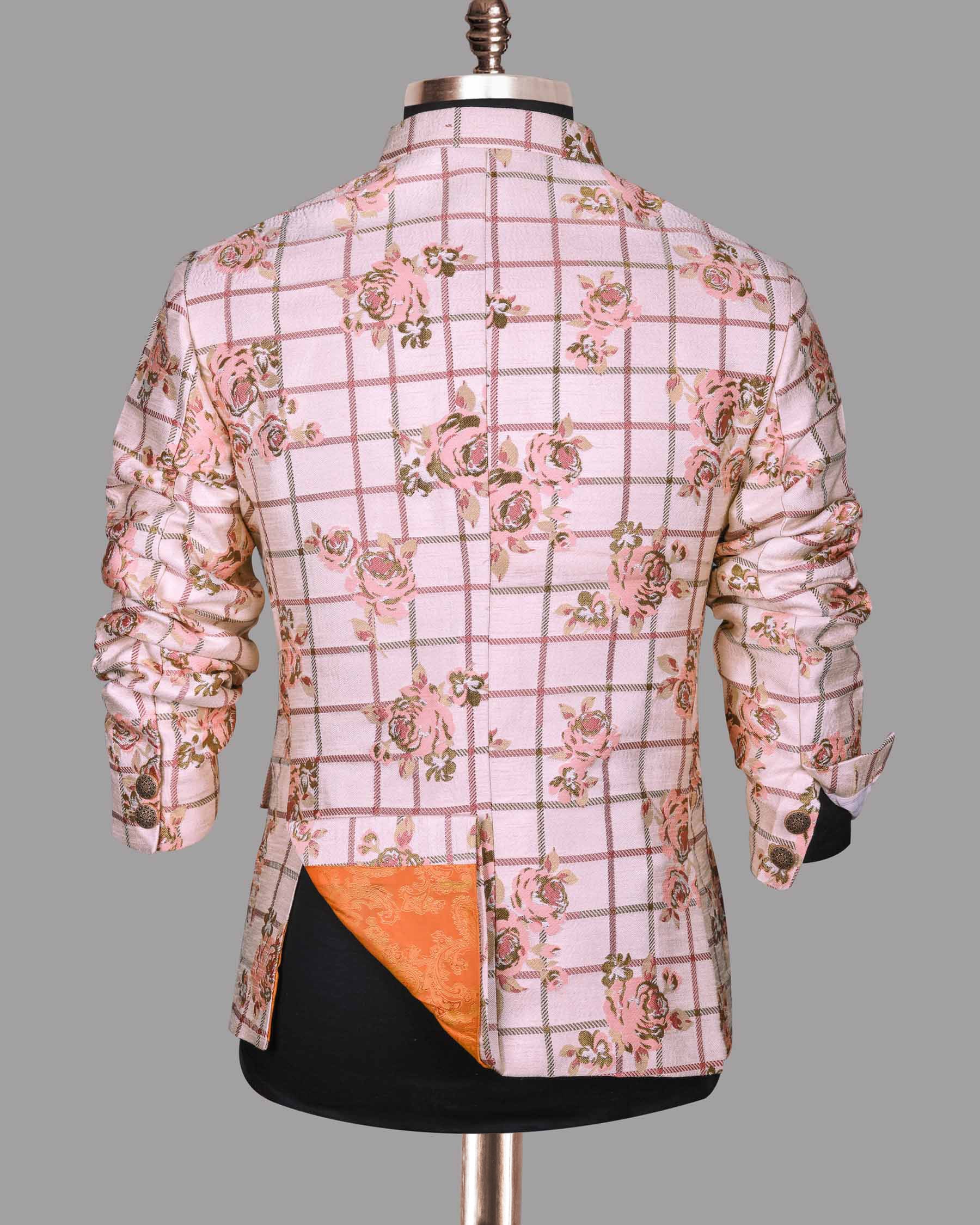 Beige with Pink Flowers and windowpane Jacquard Bandhgala/Mandarin Designer Suit