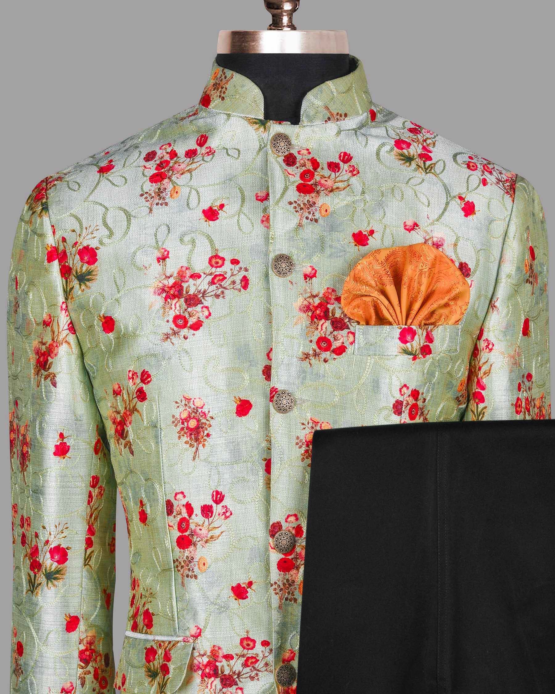 Mint Tonal Embroidered and Red flowers Printed Bandhgala/Mandarin Designer Suit