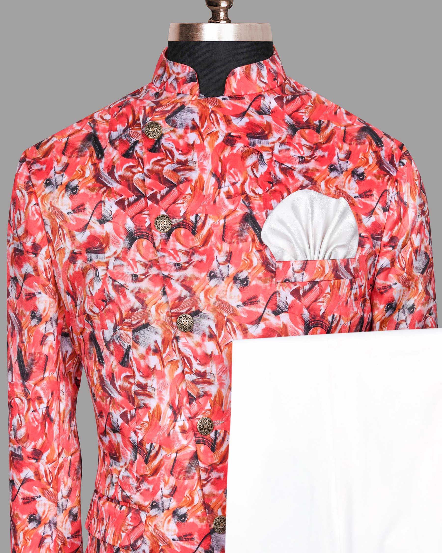 Peach Tonal Brushing Print Super Soft Bandhgala/Mandarin Designer Suit