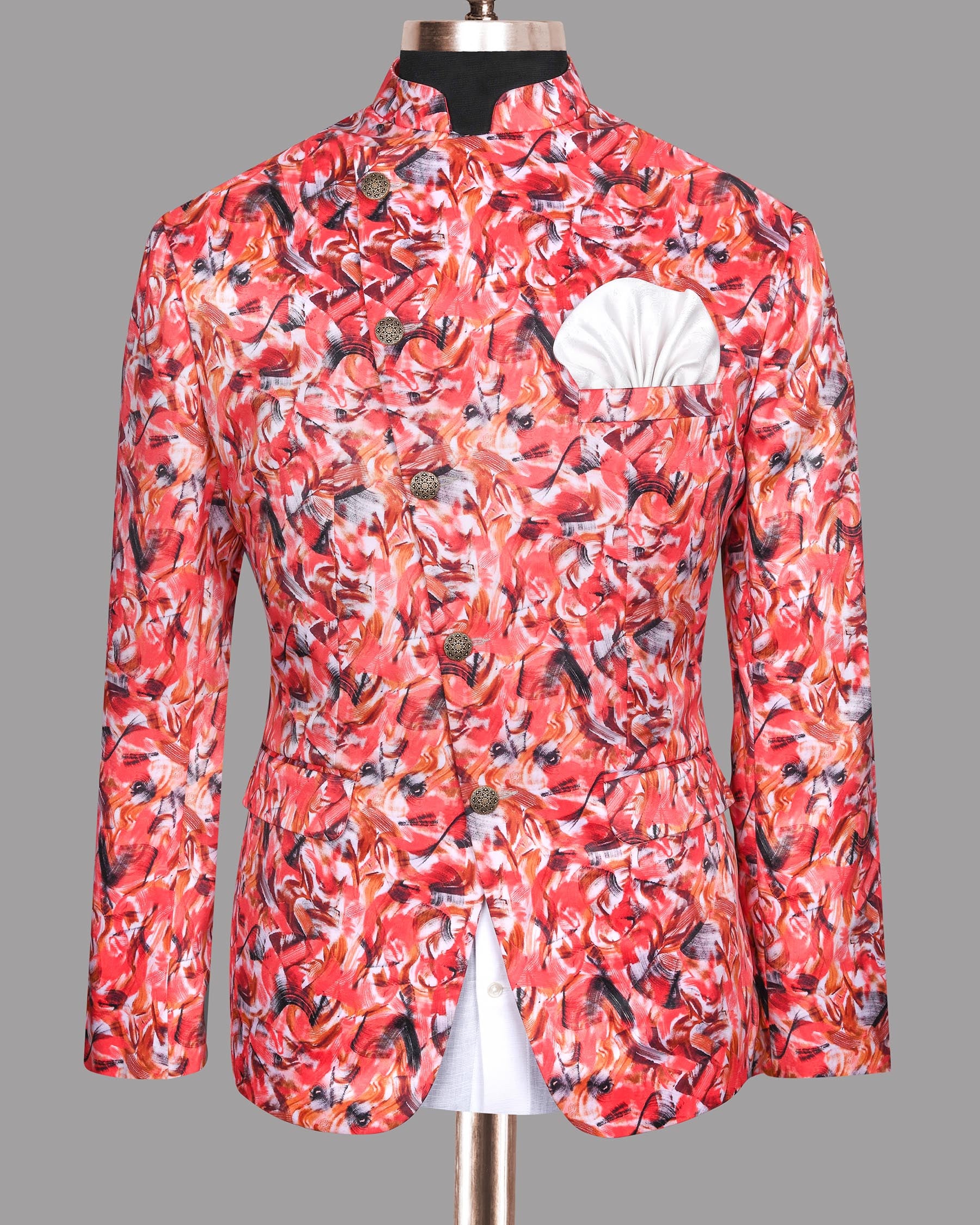 Peach Tonal Brushing Print Super Soft Bandhgala/Mandarin Designer Suit