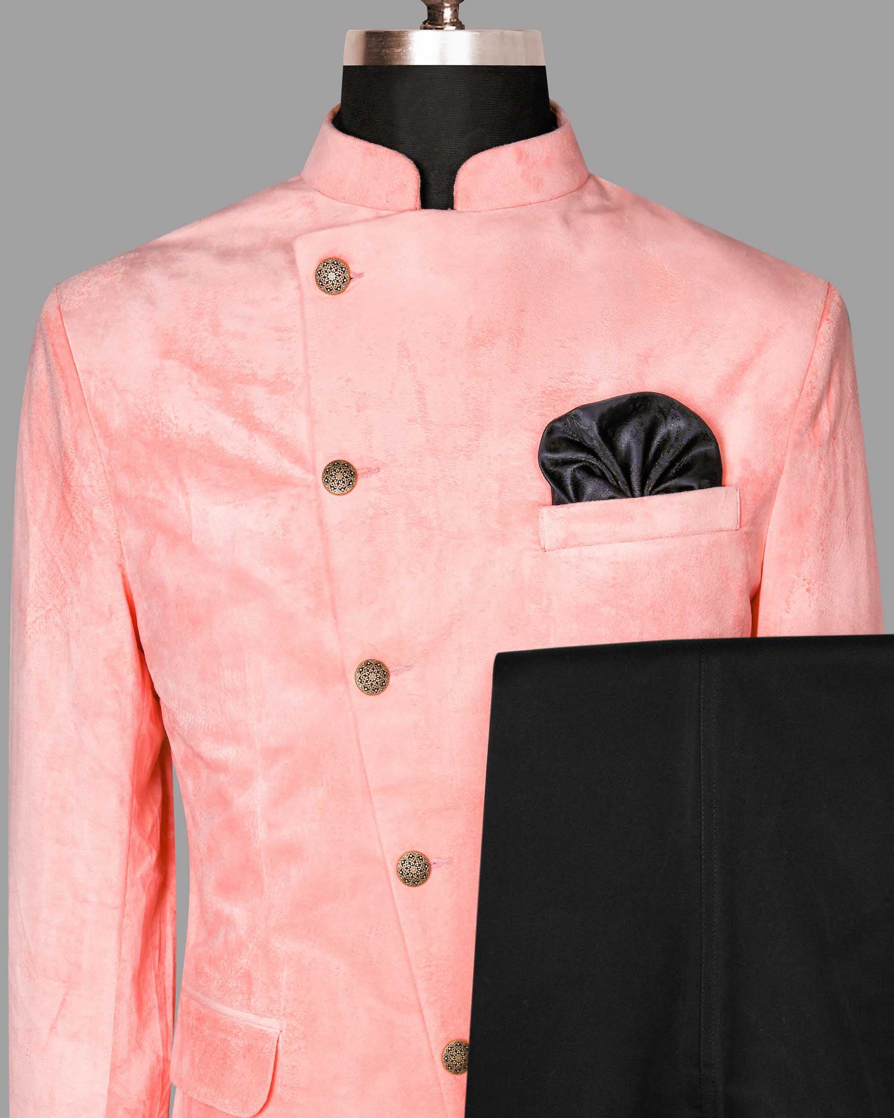 Peach Velvet Finished Bandhgala/Mandarin Designer Suit