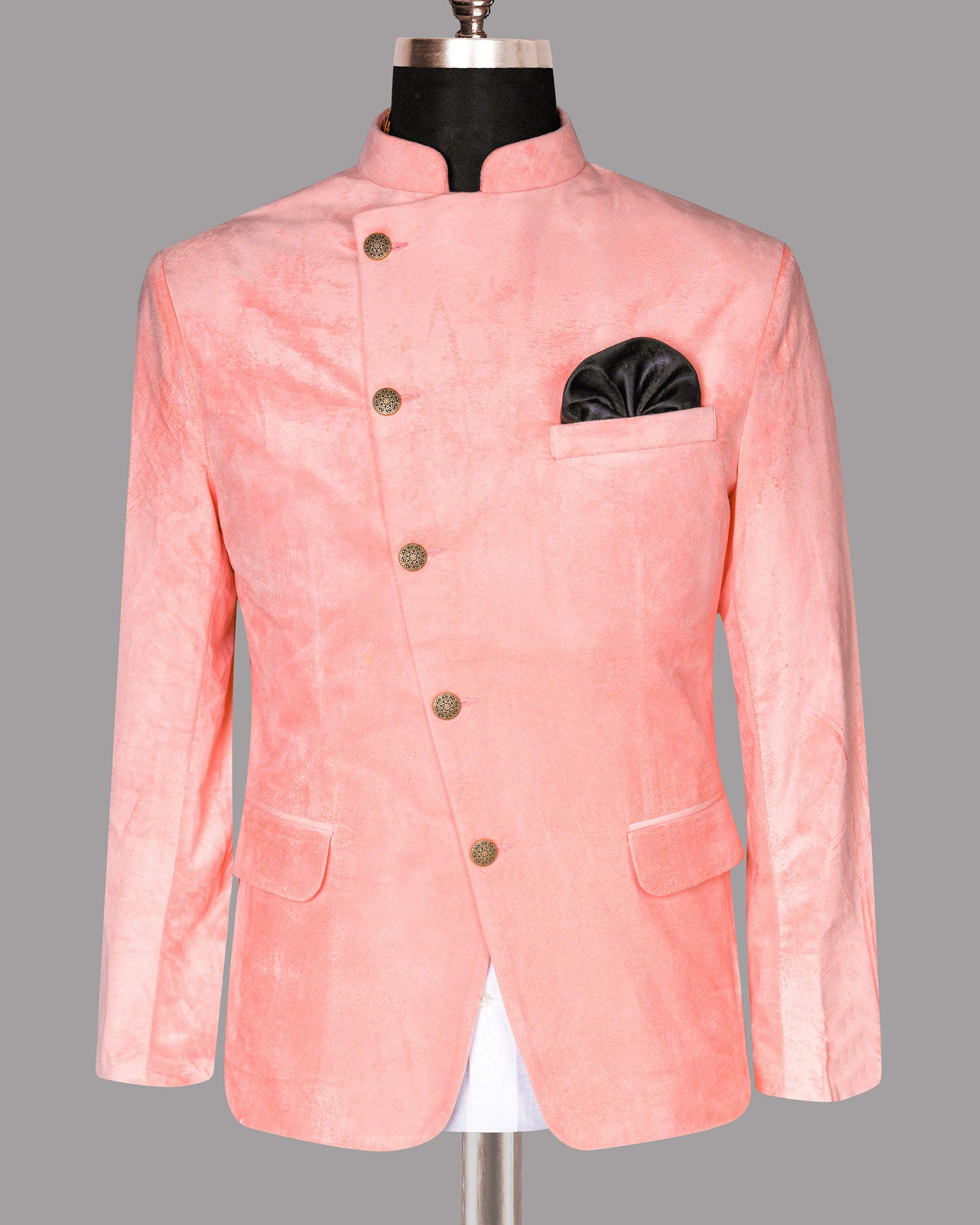 Peach Velvet Finished Bandhgala/Mandarin Designer Suit