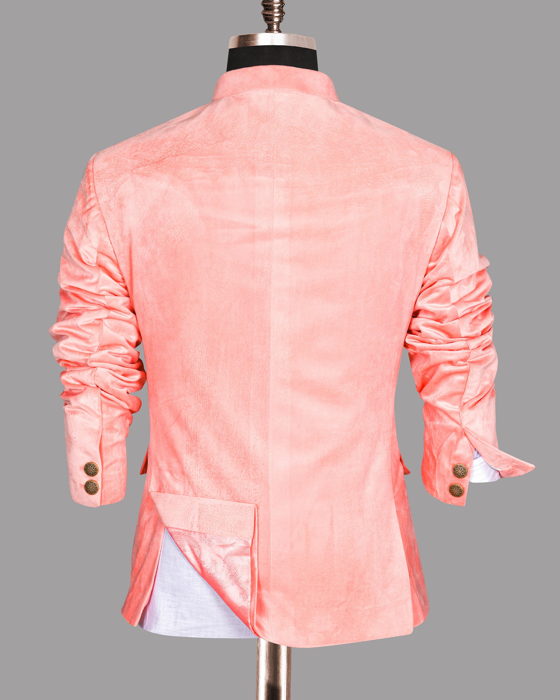 Peach Velvet Finished Bandhgala/Mandarin Designer Suit