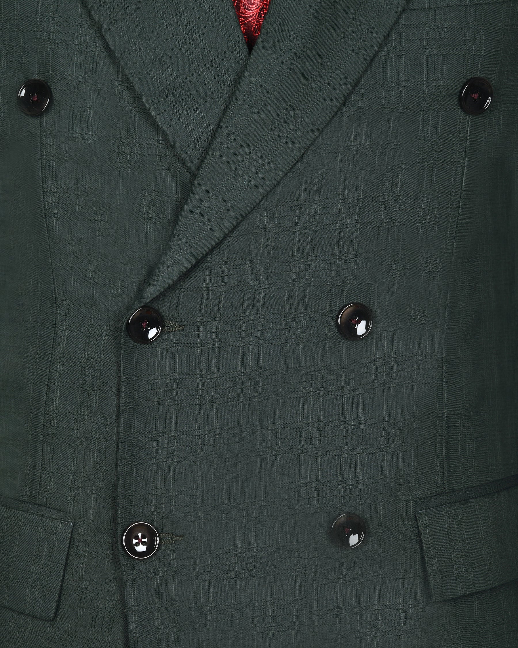 British Racing Green Subtle Windowpane Textured Double Breasted Wool Suit