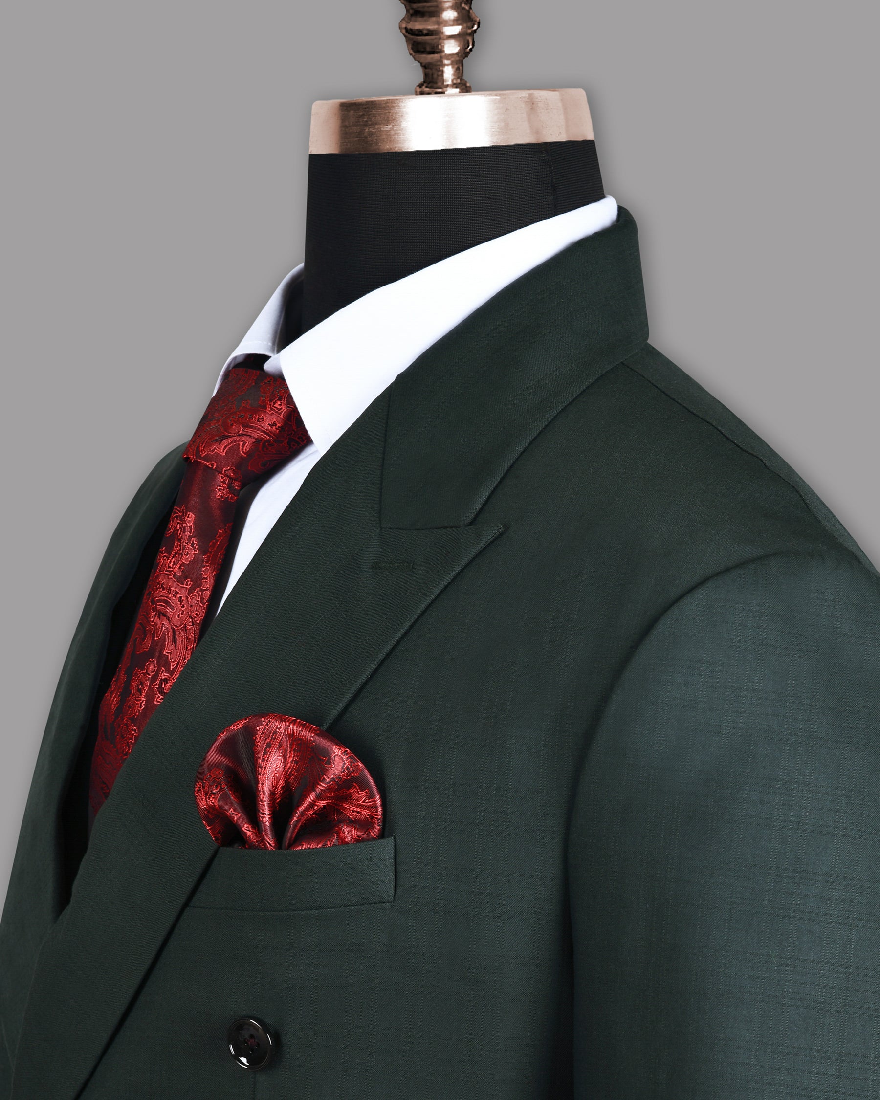 British Racing Green Subtle Windowpane Textured Double Breasted Wool Suit
