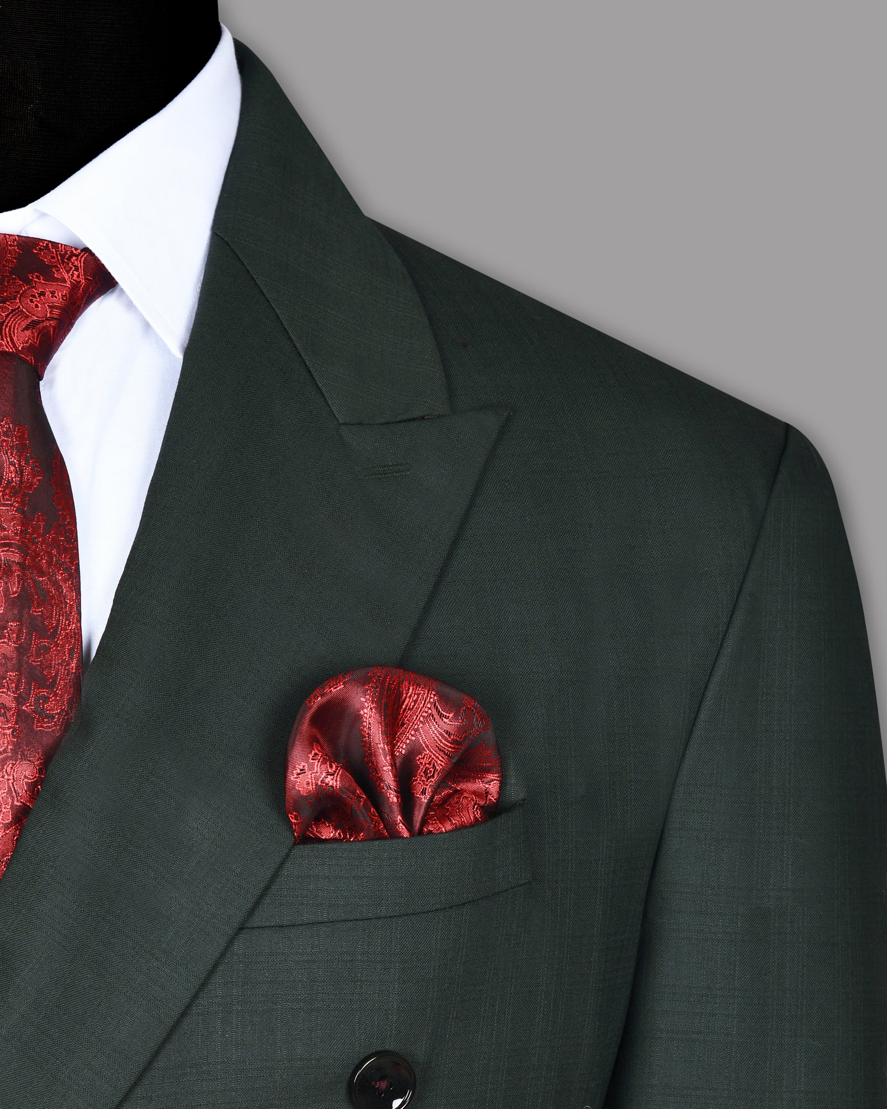 British Racing Green Subtle Windowpane Textured Double Breasted Wool Suit