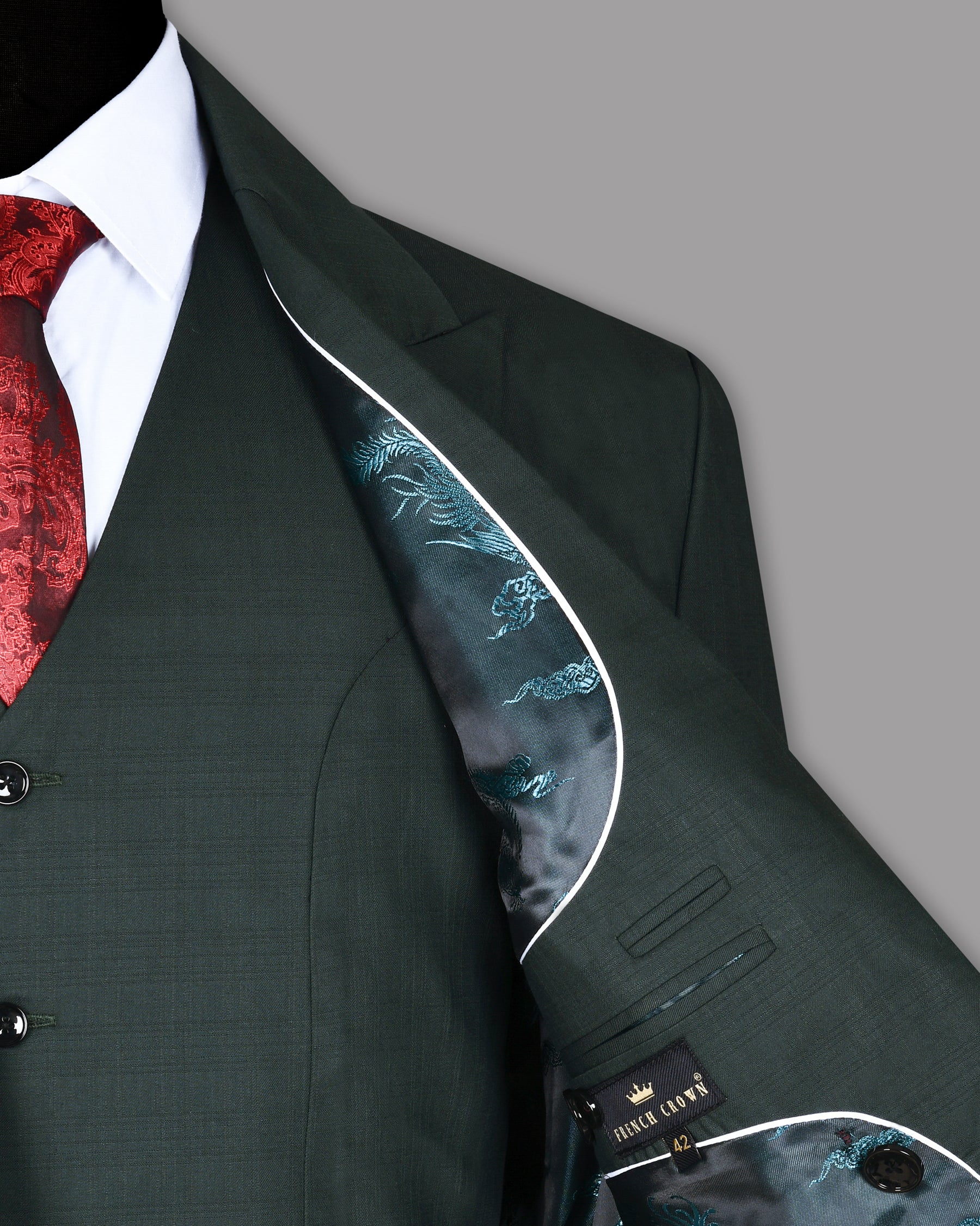 British Racing Green Subtle Windowpane Textured Double Breasted Wool Suit