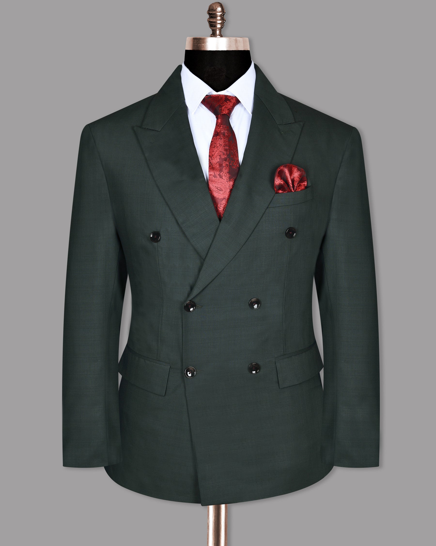 British Racing Green Subtle Windowpane Textured Double Breasted Wool Suit