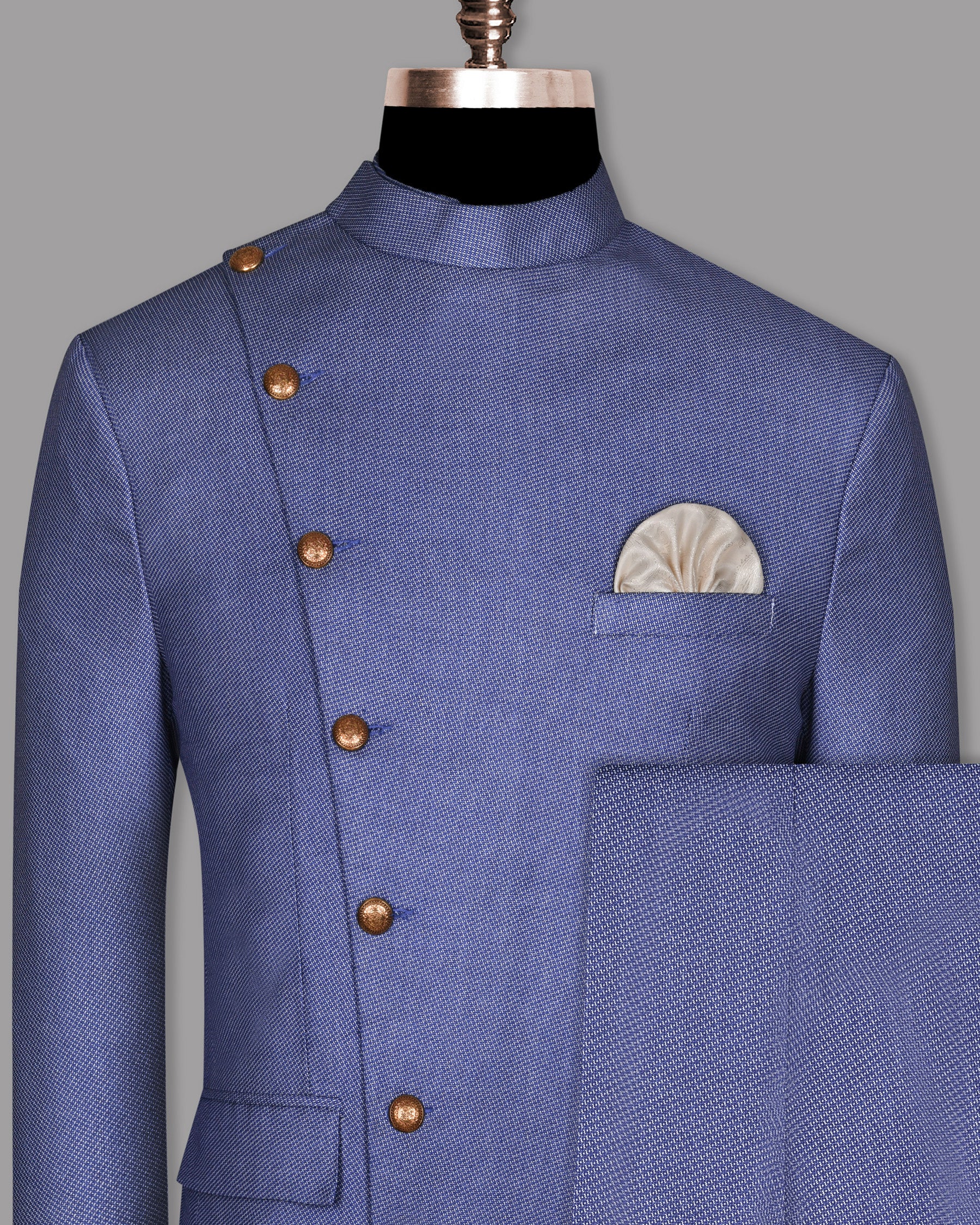 Sky Blue Micro Textured Ultra soft Cross Placket Bandhgala/Mandarin wool-silk blend Suit