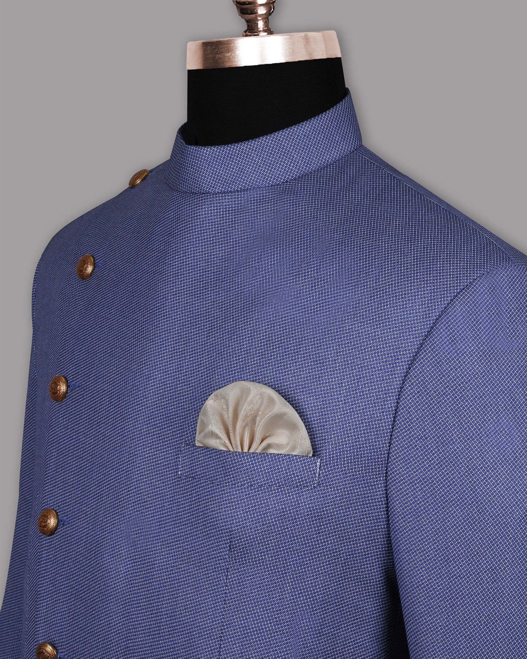 Sky Blue Micro Textured Ultra soft Cross Placket Bandhgala/Mandarin wool-silk blend Suit