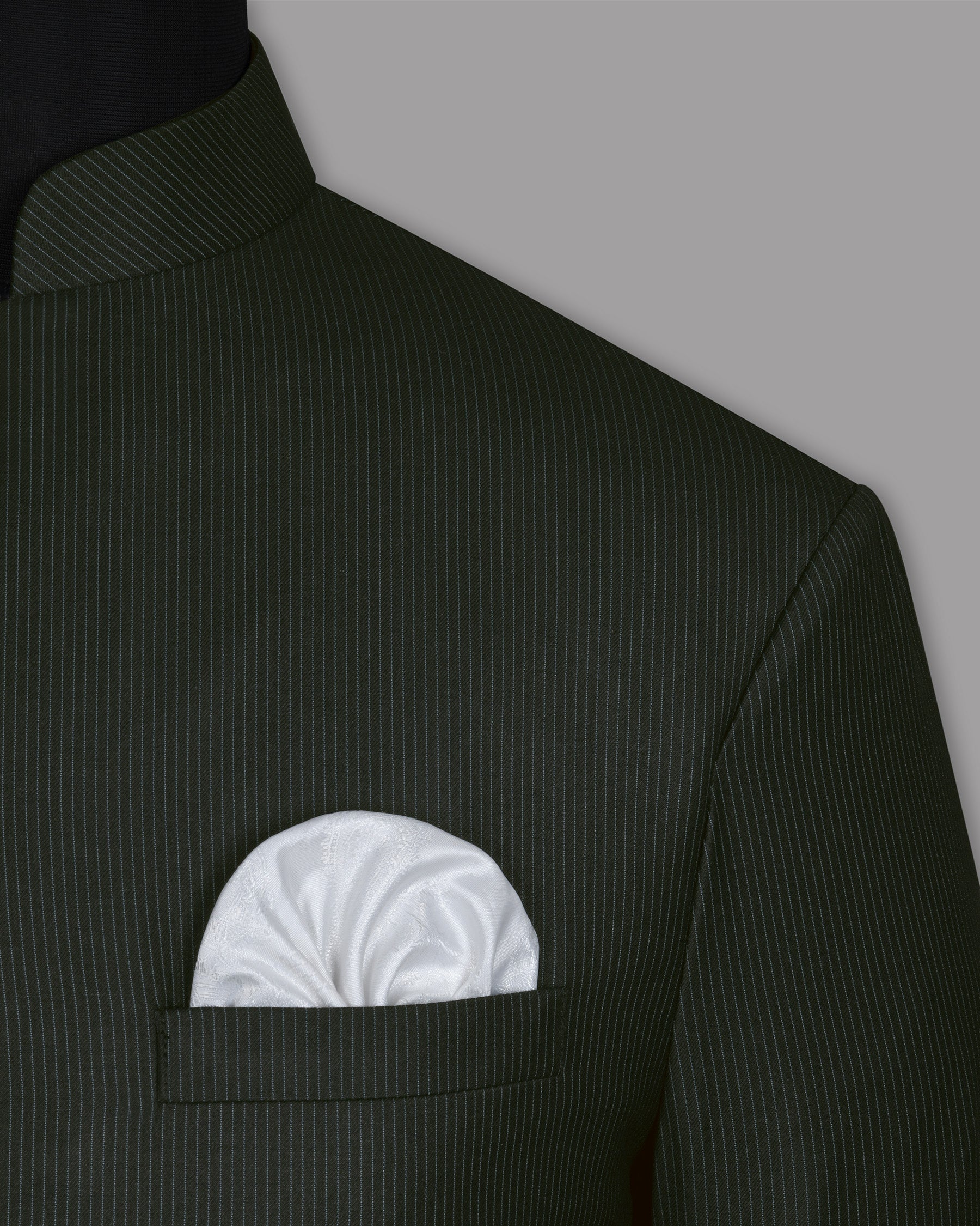 Jade Black Pinstriped Cross Placket  Bandhgala/Mandarin Wool-Silk blend Suit