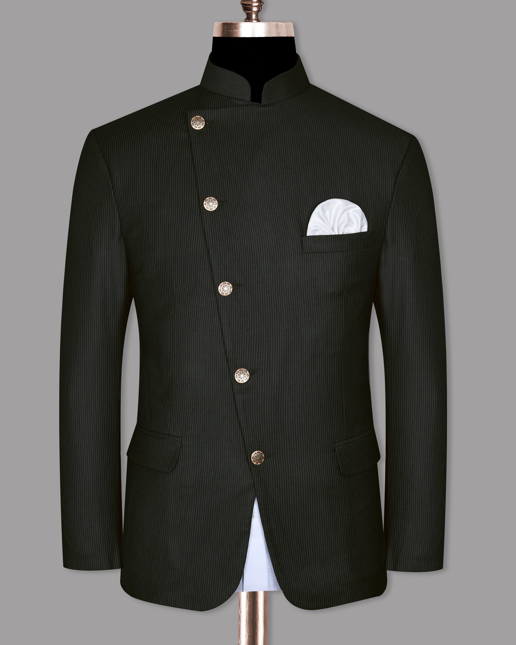 Jade Black Pinstriped Cross Placket  Bandhgala/Mandarin Wool-Silk blend Suit