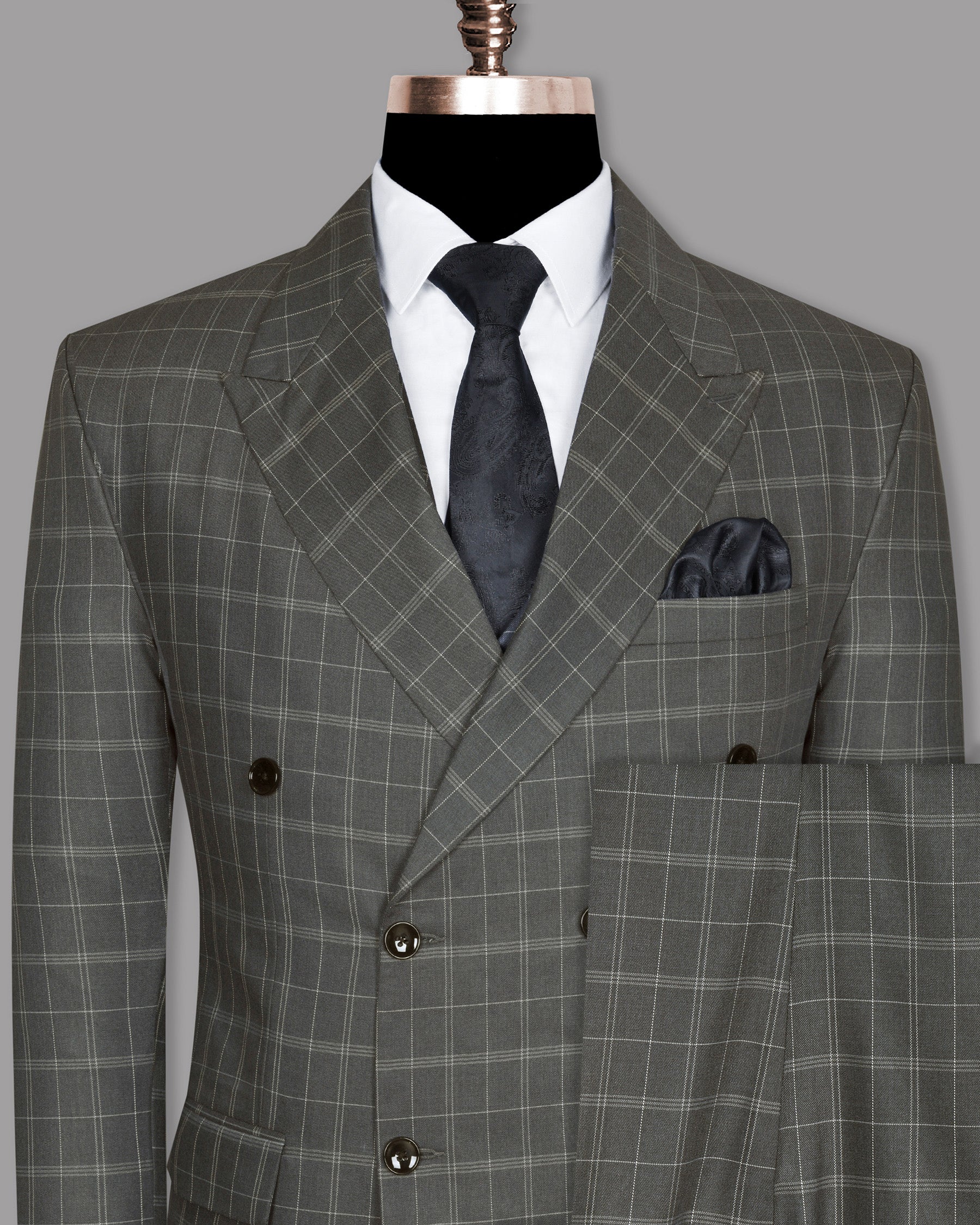 Trout Grey Windowpane Pure Wool Double Breasted Suit