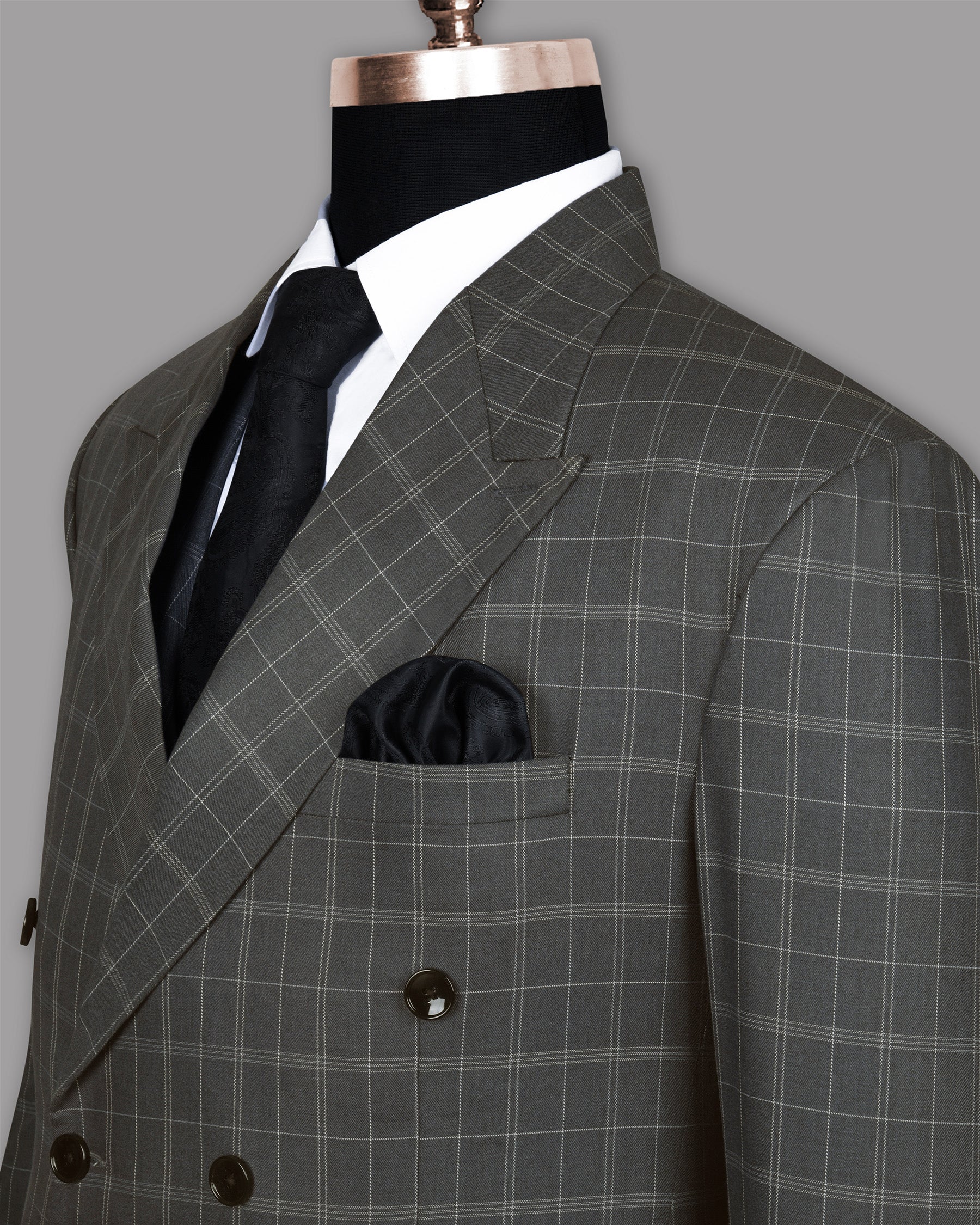 Trout Grey Windowpane Pure Wool Double Breasted Suit