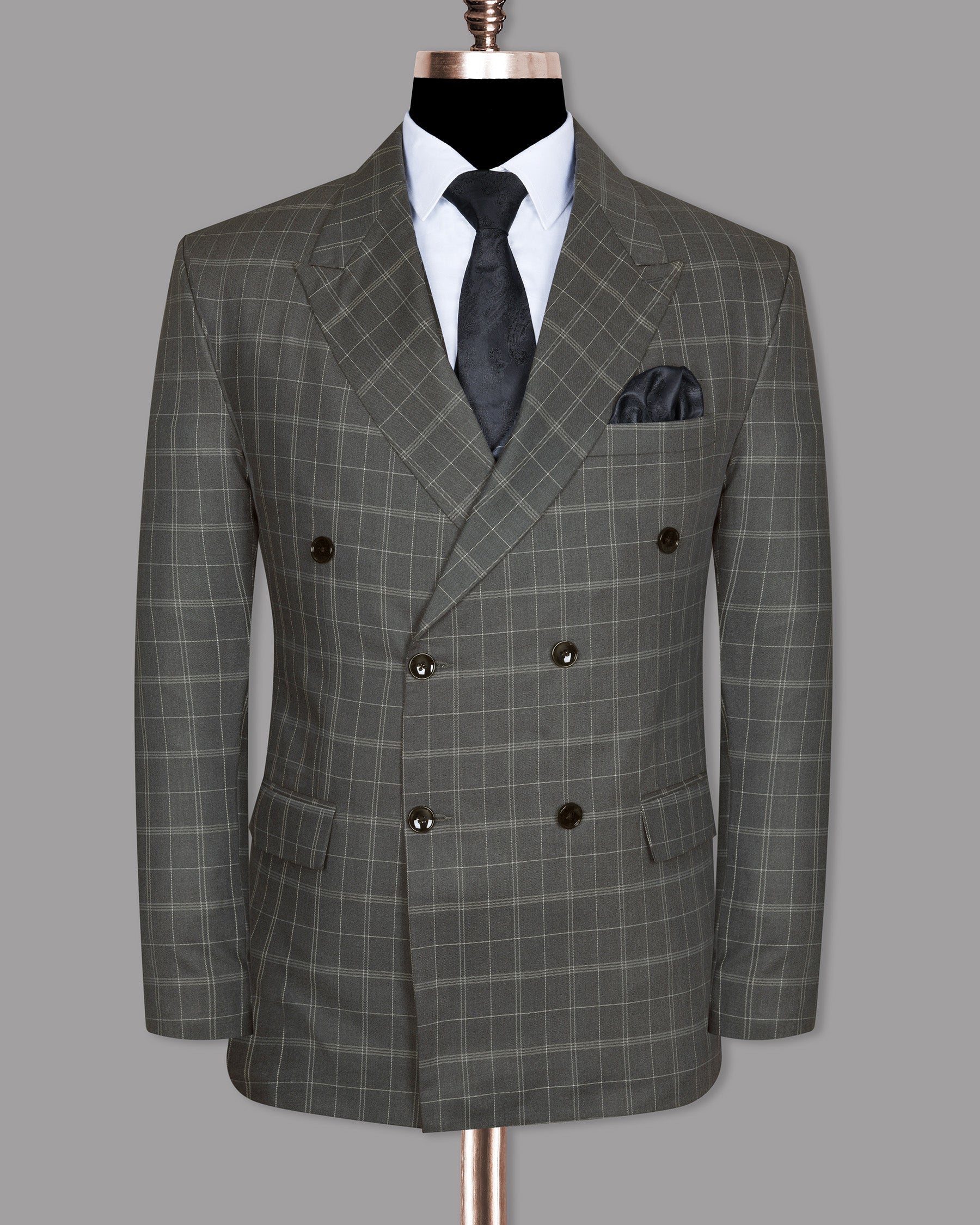 Trout Grey Windowpane Pure Wool Double Breasted Suit