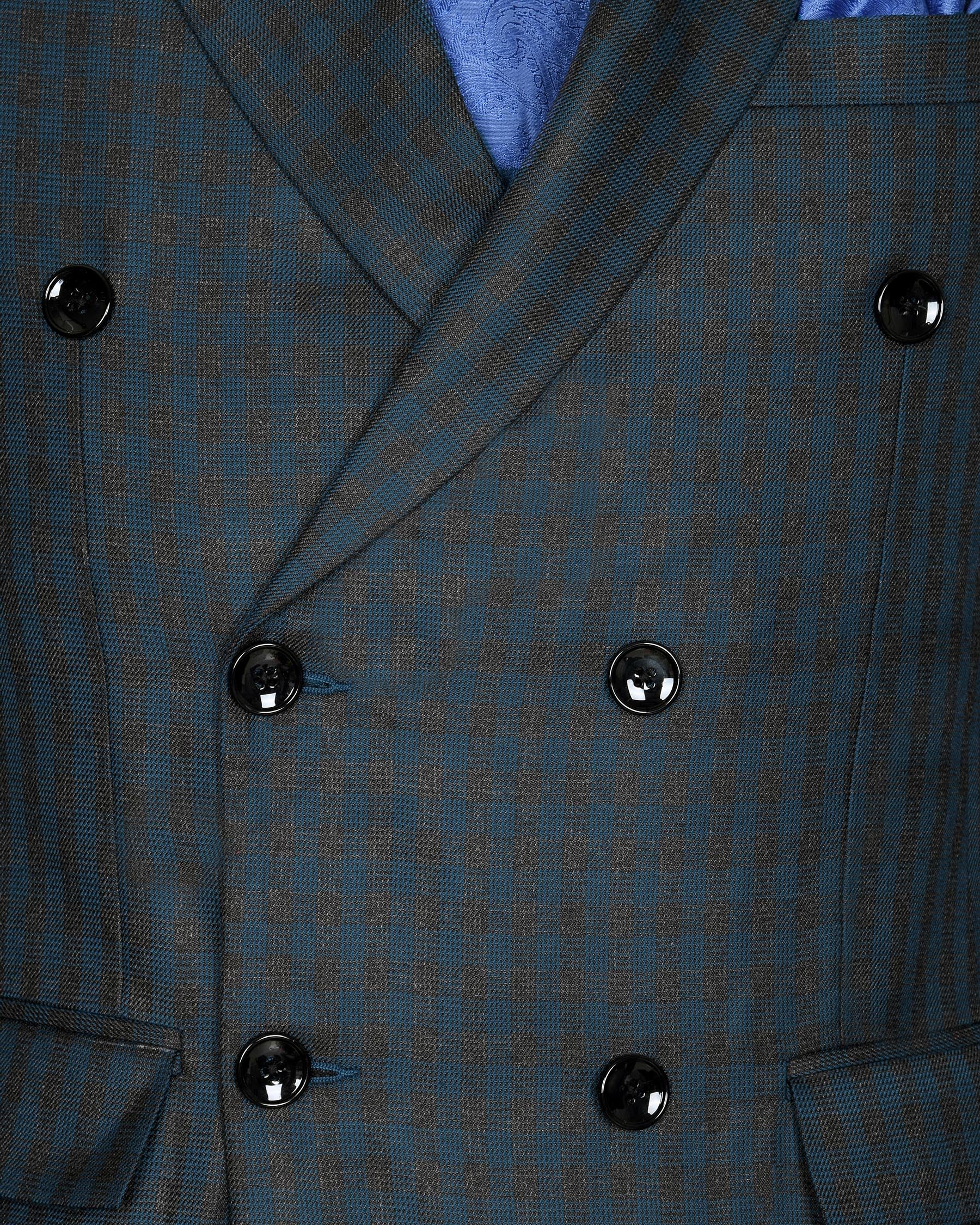 Charcoal with Sapphire Blue Checked Wool Blend Double Breasted Suit