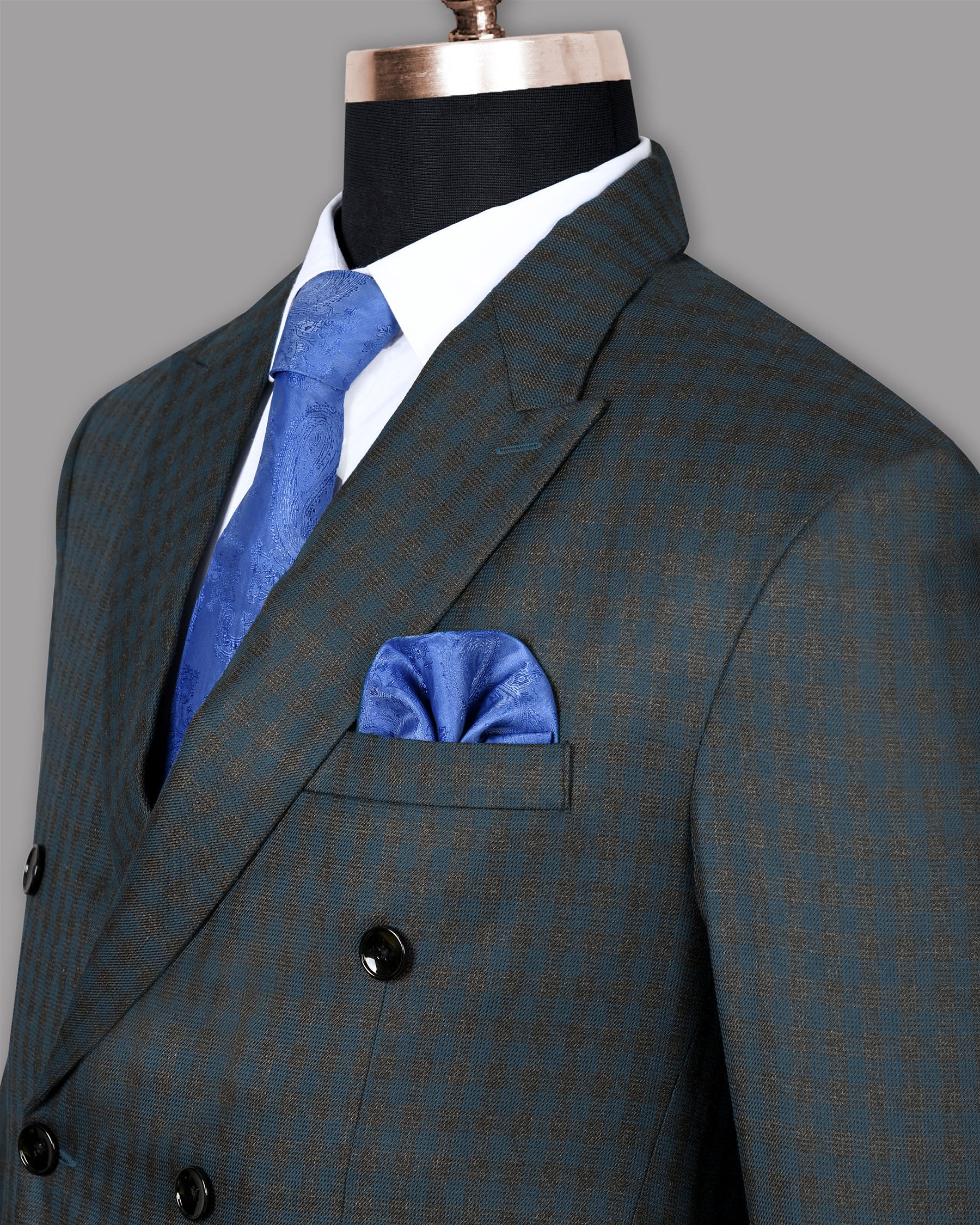 Charcoal with Sapphire Blue Checked Wool Blend Double Breasted Suit