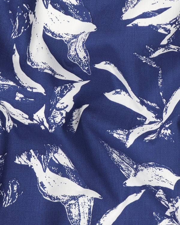 White with royal blue Flowers Printed Premium Cotton Designer Lounge Pant