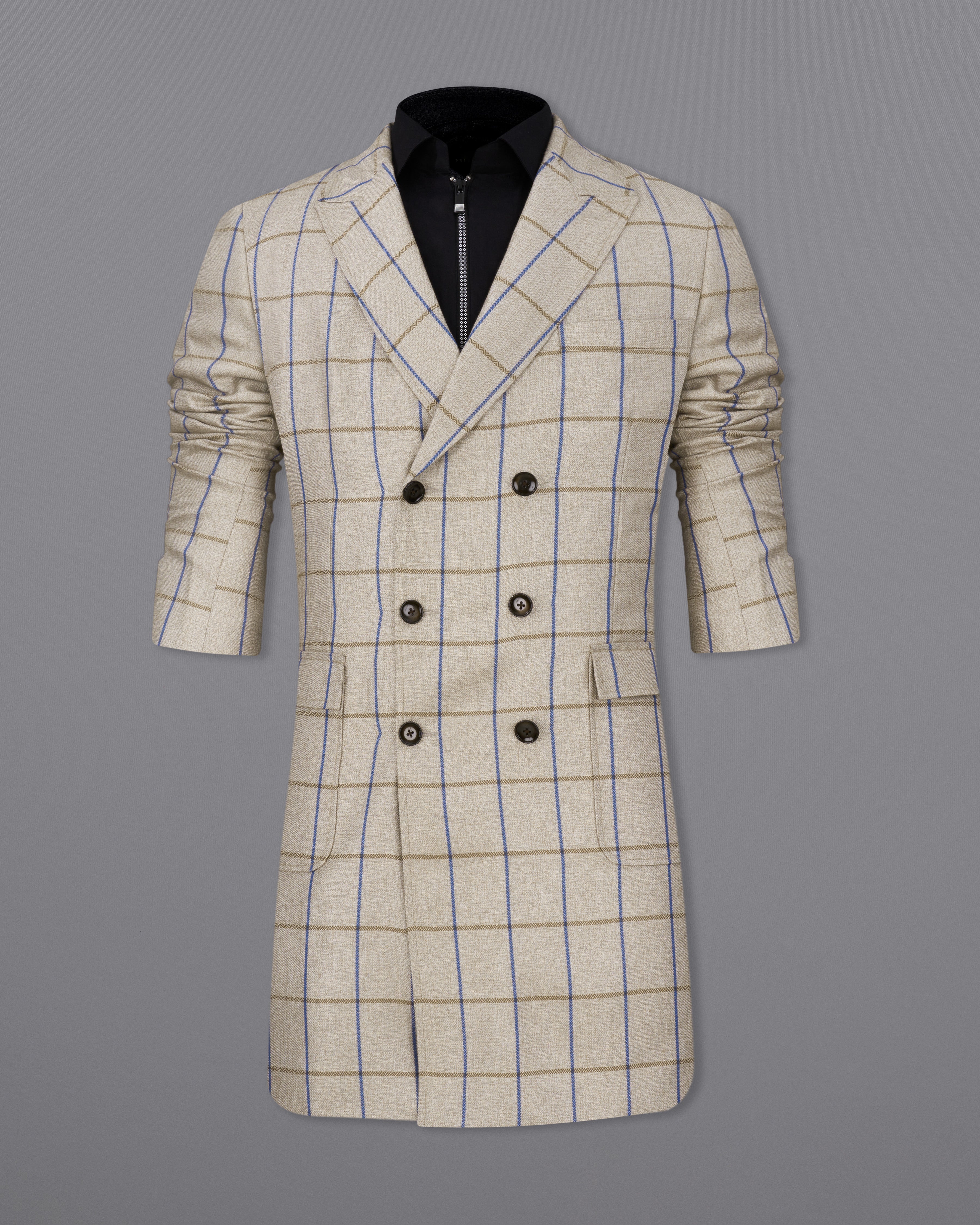 Coriander Cream Windowpane Double Breasted Trench Coat TCB2308-D74-36, TCB2308-D74-38, TCB2308-D74-40, TCB2308-D74-42, TCB2308-D74-44, TCB2308-D74-46, TCB2308-D74-48, TCB2308-D74-50, TCB2308-D74-52, TCB2308-D74-54, TCB2308-D74-56, TCB2308-D74-58, TCB2308-D74-60